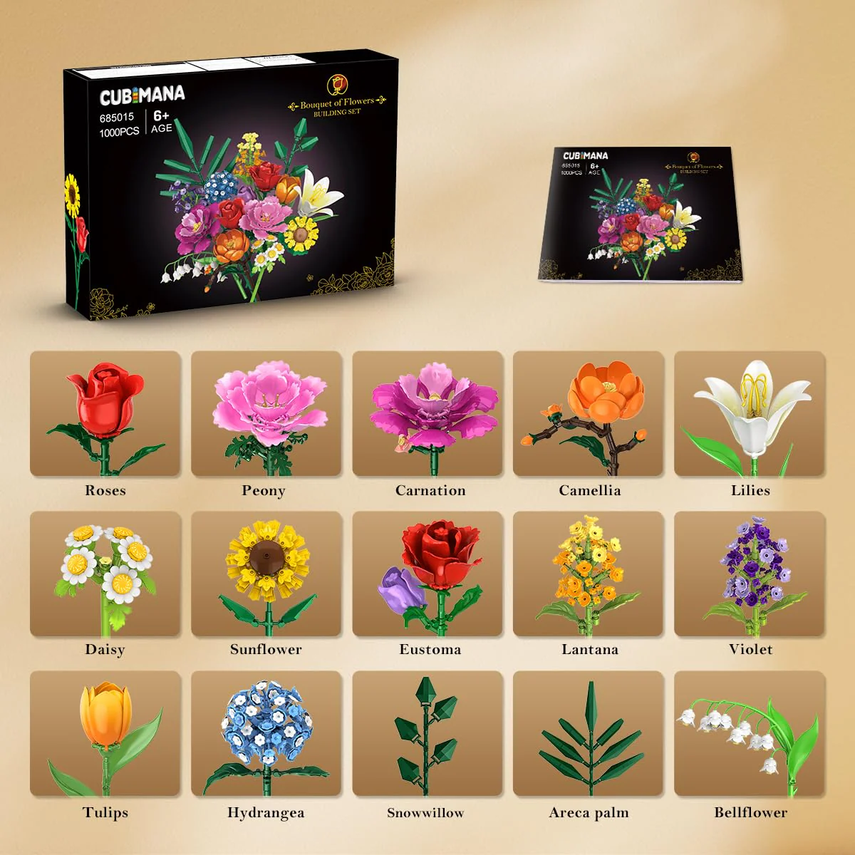 CUBIMANA Blumenstrauß-Bausatz – 1000 Teiles Blumenstrauß-Set, Botanische Geschenk zum Valentinstag für Sie und Ihn, 15 Künstliche Blumen Bausteine Heimdekoration für Erwachsene 6+ Mädchen Geburtstag - Image 2