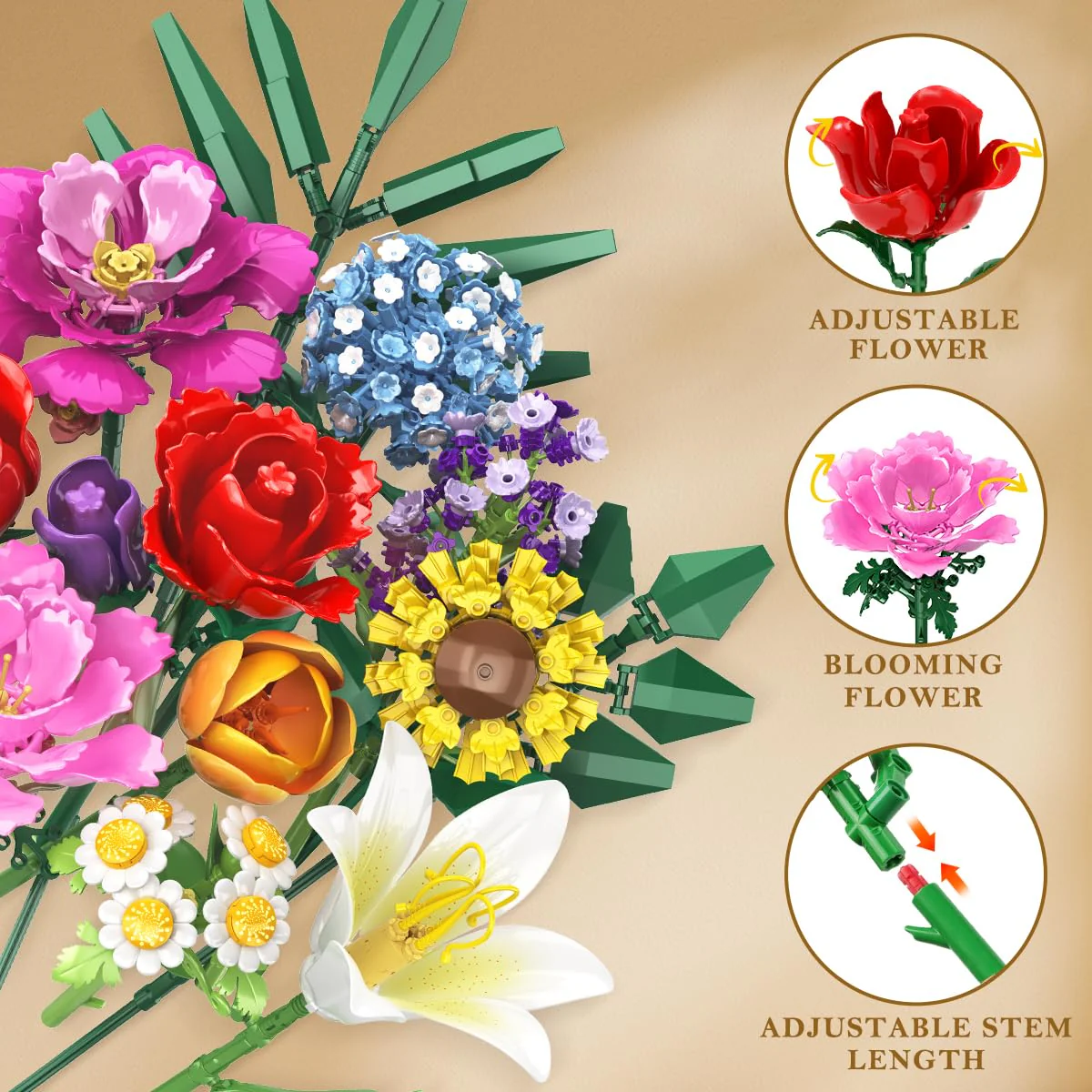 CUBIMANA Blumenstrauß-Bausatz – 1000 Teiles Blumenstrauß-Set, Botanische Geschenk zum Valentinstag für Sie und Ihn, 15 Künstliche Blumen Bausteine Heimdekoration für Erwachsene 6+ Mädchen Geburtstag - Image 5