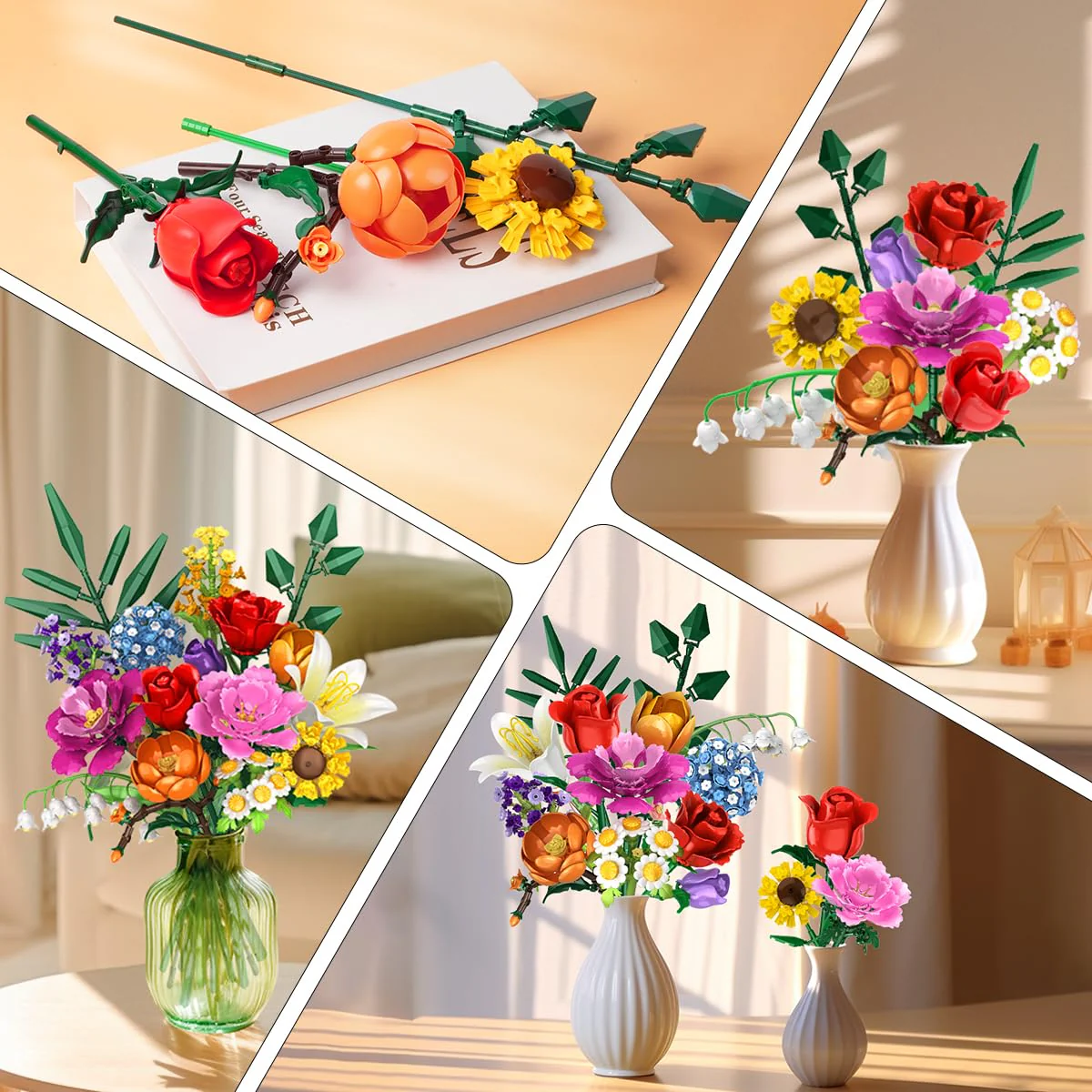 CUBIMANA Blumenstrauß-Bausatz – 1000 Teiles Blumenstrauß-Set, Botanische Geschenk zum Valentinstag für Sie und Ihn, 15 Künstliche Blumen Bausteine Heimdekoration für Erwachsene 6+ Mädchen Geburtstag - Image 6