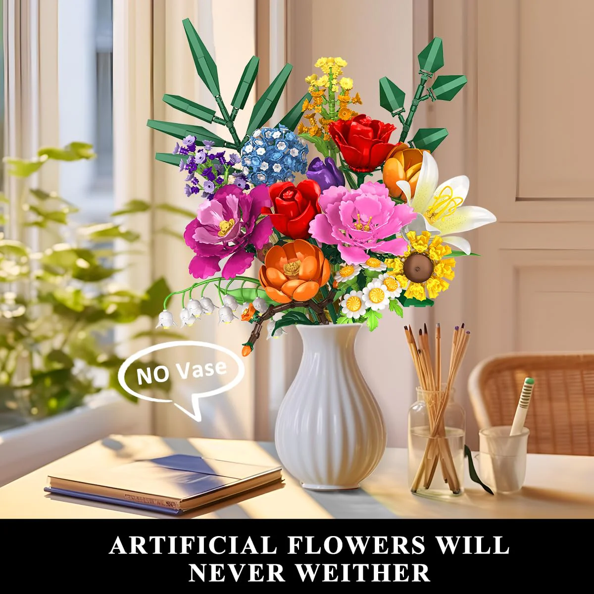 CUBIMANA Blumenstrauß-Bausatz – 1000 Teiles Blumenstrauß-Set, Botanische Geschenk zum Valentinstag für Sie und Ihn, 15 Künstliche Blumen Bausteine Heimdekoration für Erwachsene 6+ Mädchen Geburtstag - Image 8