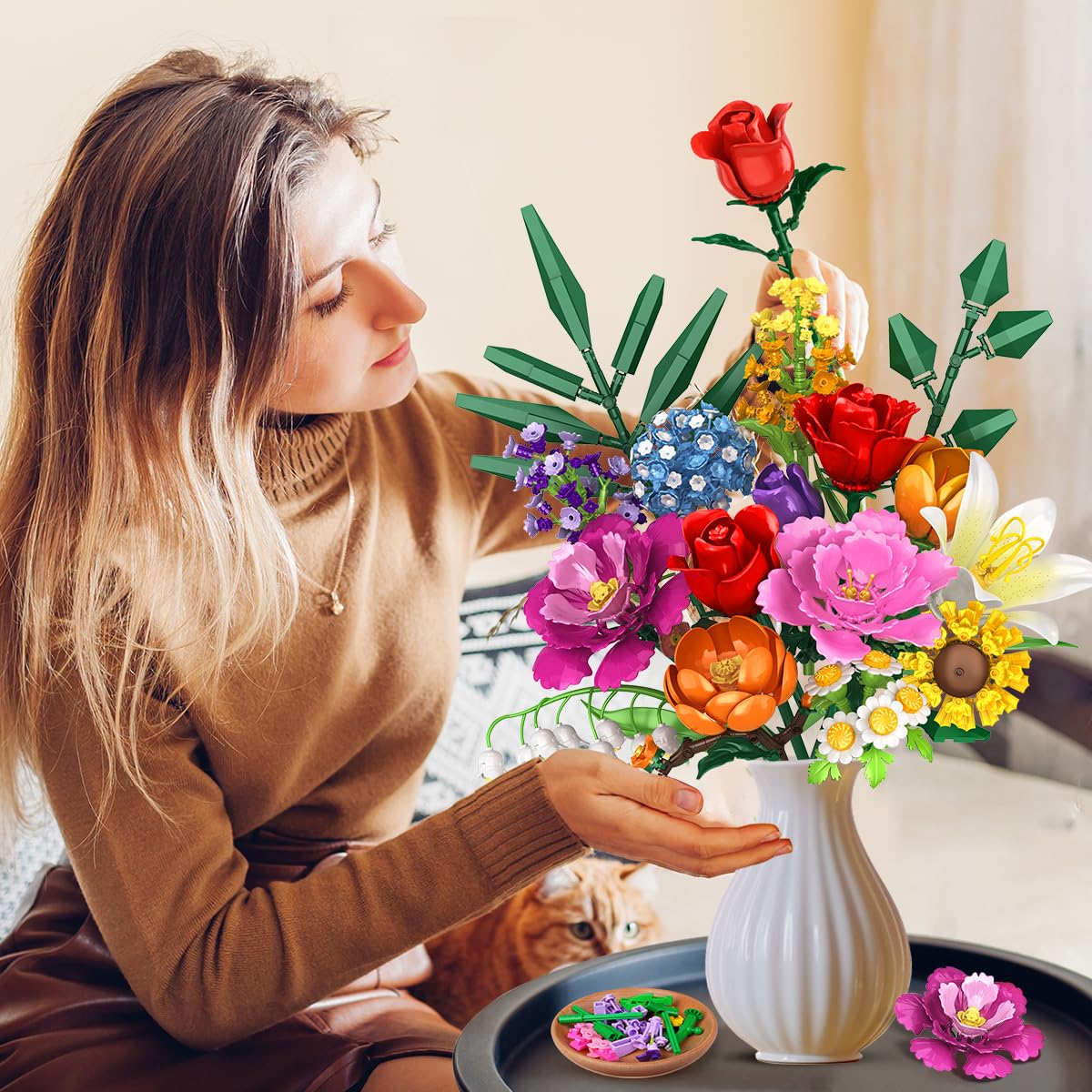 CUBIMANA Blumenstrauß-Bausatz – 1000 Teiles Blumenstrauß-Set, Botanische Geschenk zum Valentinstag für Sie und Ihn, 15 Künstliche Blumen Bausteine Heimdekoration für Erwachsene 6+ Mädchen Geburtstag - Image 9