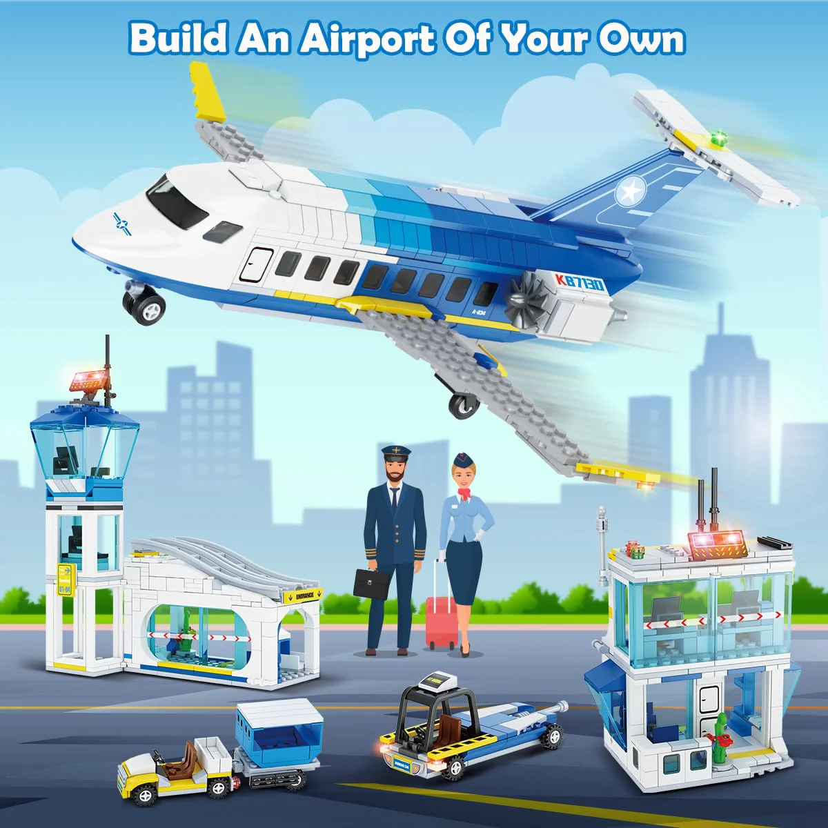 CUBIMANA City Passagierflugzeug Baukasten Set, 3 IN 1 Flugzeug Baukasten mit Terminal, Radarturm, Gepäckwagen Flugzeuge Modell Bausteine Spielzeug Geschenk für Jungen Mädchen Kinder 6 7 8 9+ Jahre alt - Image 9