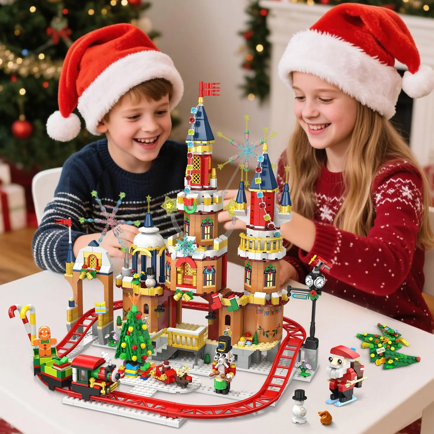 CUBIMANA Weihnachtsschloss-Achterbahn-Bausatz mit Lichtern – 2025 Schlossdorf-Achterbahn-Bausteine Haus Weihnachtsbaum Zug Weihnachtsmann-Spielset Geschenk Erwachsene Kinder Jungen Mädchen(1232Teile) - Image 5