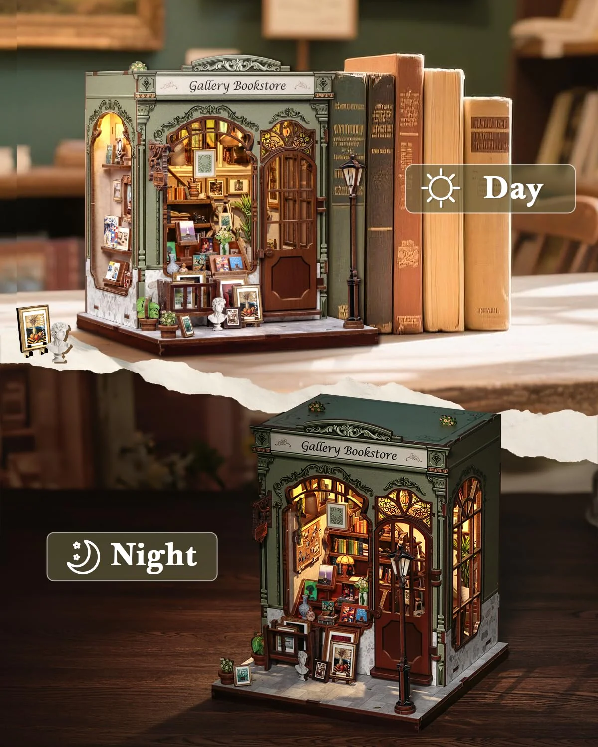 CUTEBEE Book Nook Kit - DIY Puppenhaus Bausatz zum Selberbauen, EIN Retro und künstlerisches Miniaturhaus, 3D Holzpuzzle Buchstütze, Kreative Bücherregal Dekoration, Geschenke(Gellery Bookstore) - Image 4