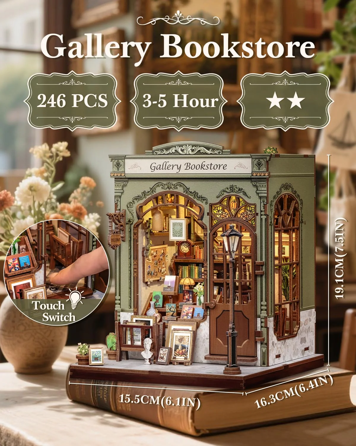 CUTEBEE Book Nook Kit - DIY Puppenhaus Bausatz zum Selberbauen, EIN Retro und künstlerisches Miniaturhaus, 3D Holzpuzzle Buchstütze, Kreative Bücherregal Dekoration, Geschenke(Gellery Bookstore) - Image 5