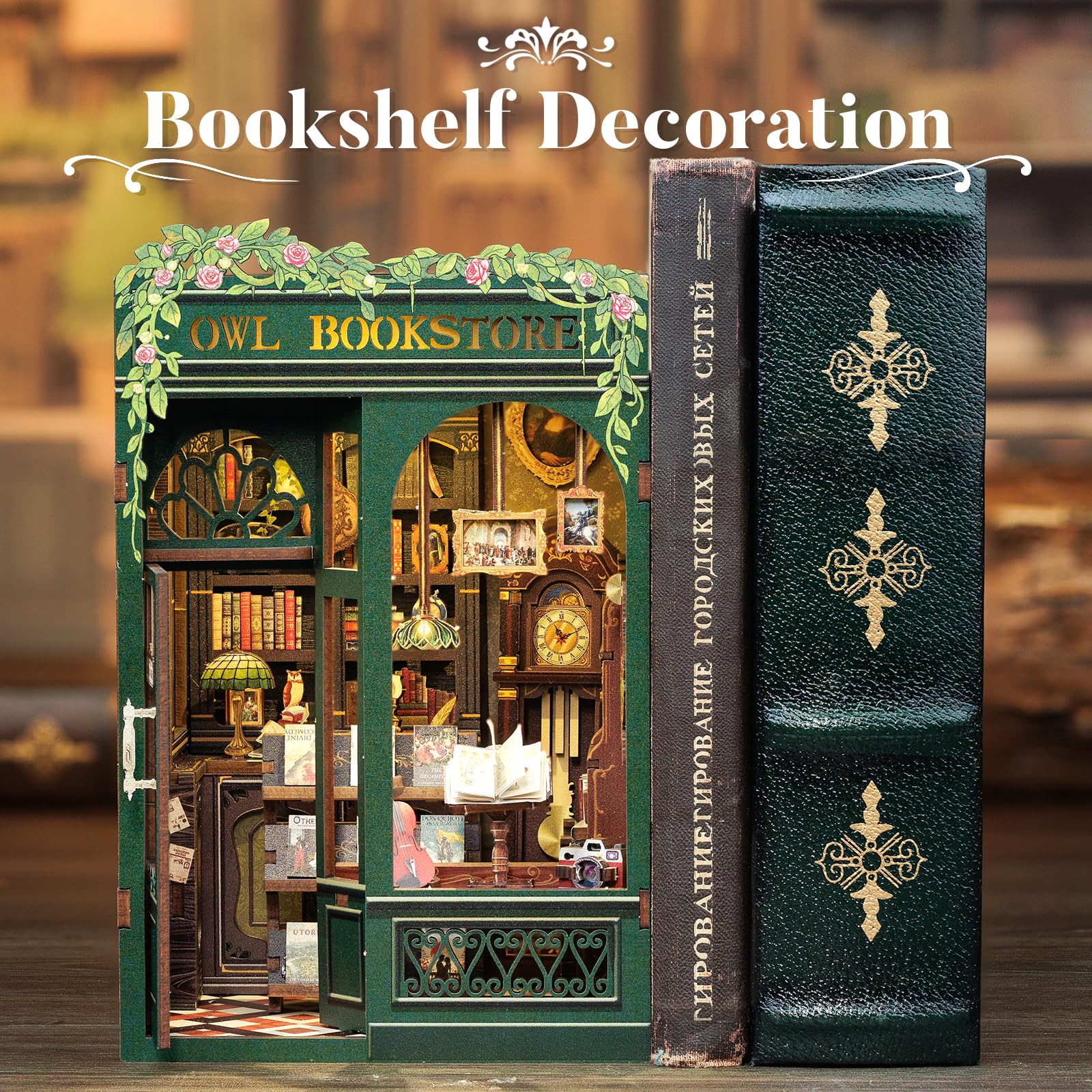 CUTEBEE Book Nook Kit - DIY Puppenhaus Häuser, Miniatur Haus Selber Bauen für Erwachsene mit LED-Licht, 3D Puzzle & Buchstütze | Kreatives Bücherregal-Deko-Set (Owl Bookstore) - Image 7