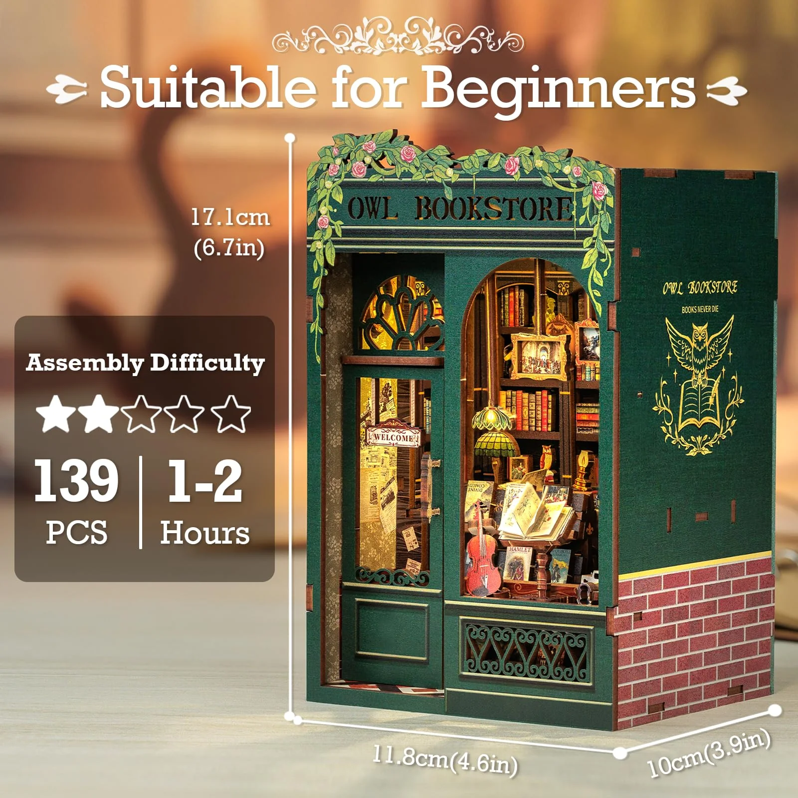 Cutefun Book Nook – 3D-Holzpuzzles für Erwachsene, 139 Teile, DIY-Miniaturhaus-Bausatz, Bücherregal-Dekoration, Nook-Puzzle, Tiny-House-Geschenke für Frauen, Teenager und Buchliebhaber (OWL Bookstore) - Image 7