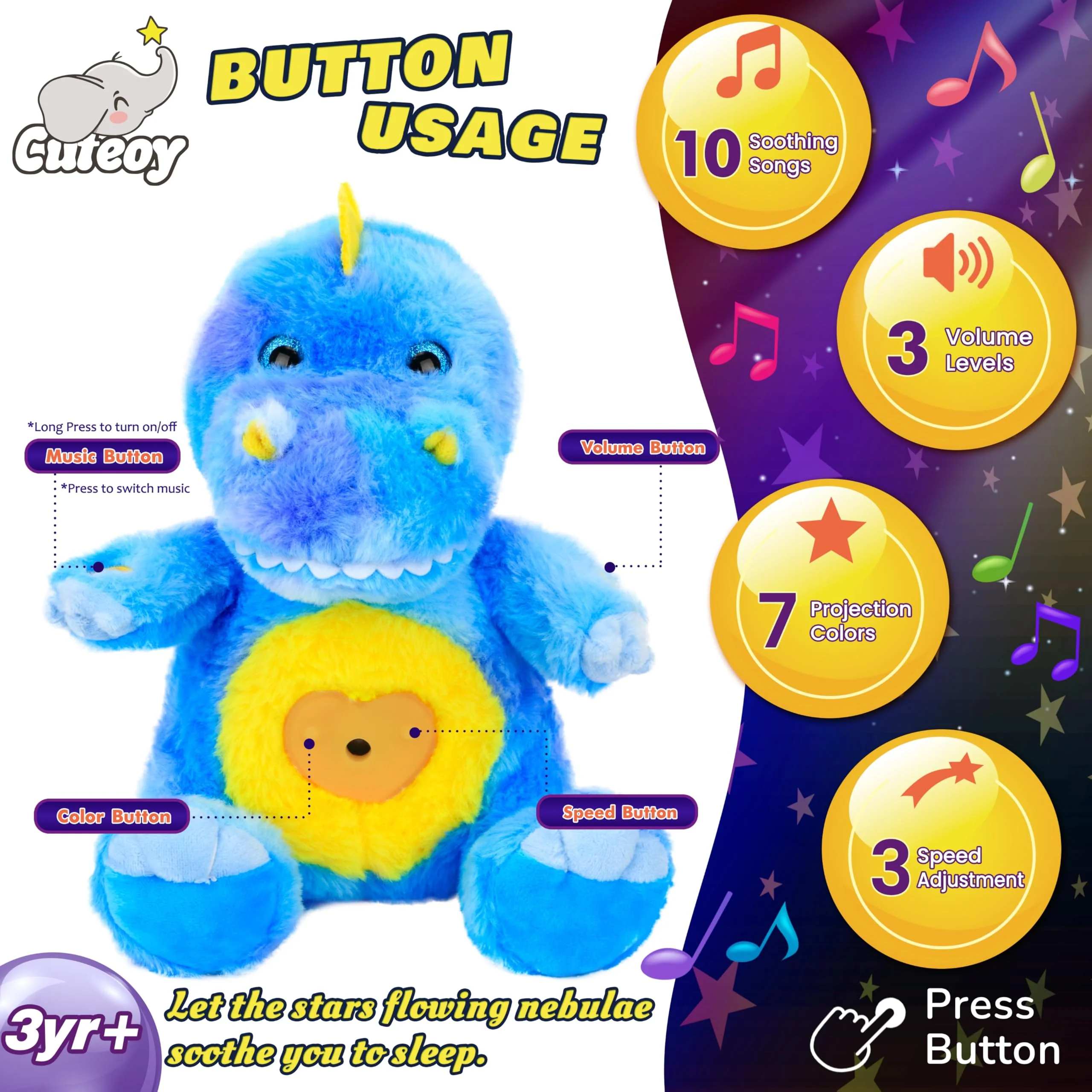 Cuteoy Plüsch Dinosaurier Stern Projektor Musikalisch Einstellbar Singend Nachtlicht Gefüllte Tiere Leuchtende Kawaii Plüschtiere Spielzeug Geschenke für Kinder - Image 7