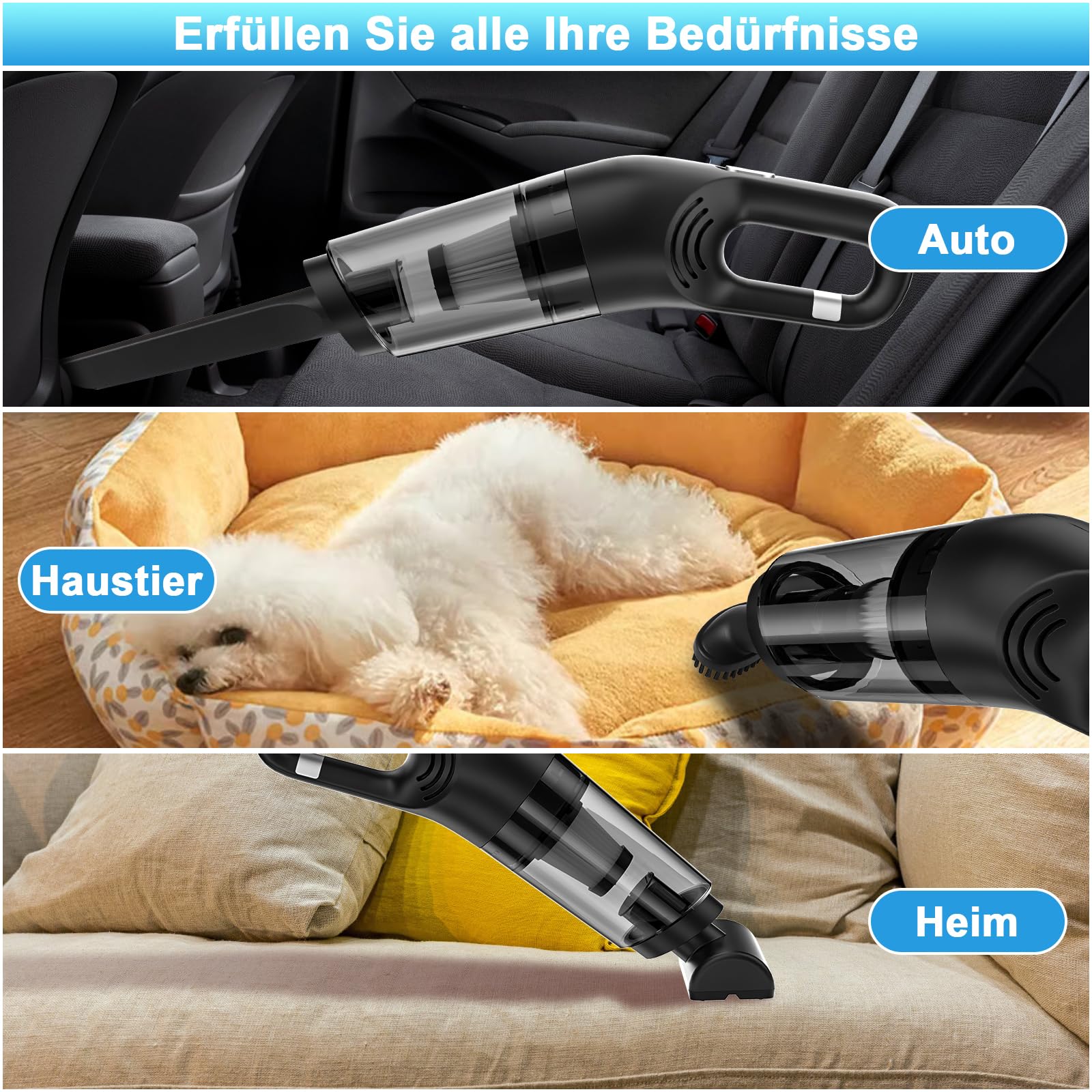 Czemo Handstaubsauger Akku 9000Pa Autostaubsauger Stark Staubsauger Kabellos Tragbarer Handsauger USB Auto Staubsauger Ohne Kabel für Auto Zuhause Tierhaare (Schwarz) - Image 3