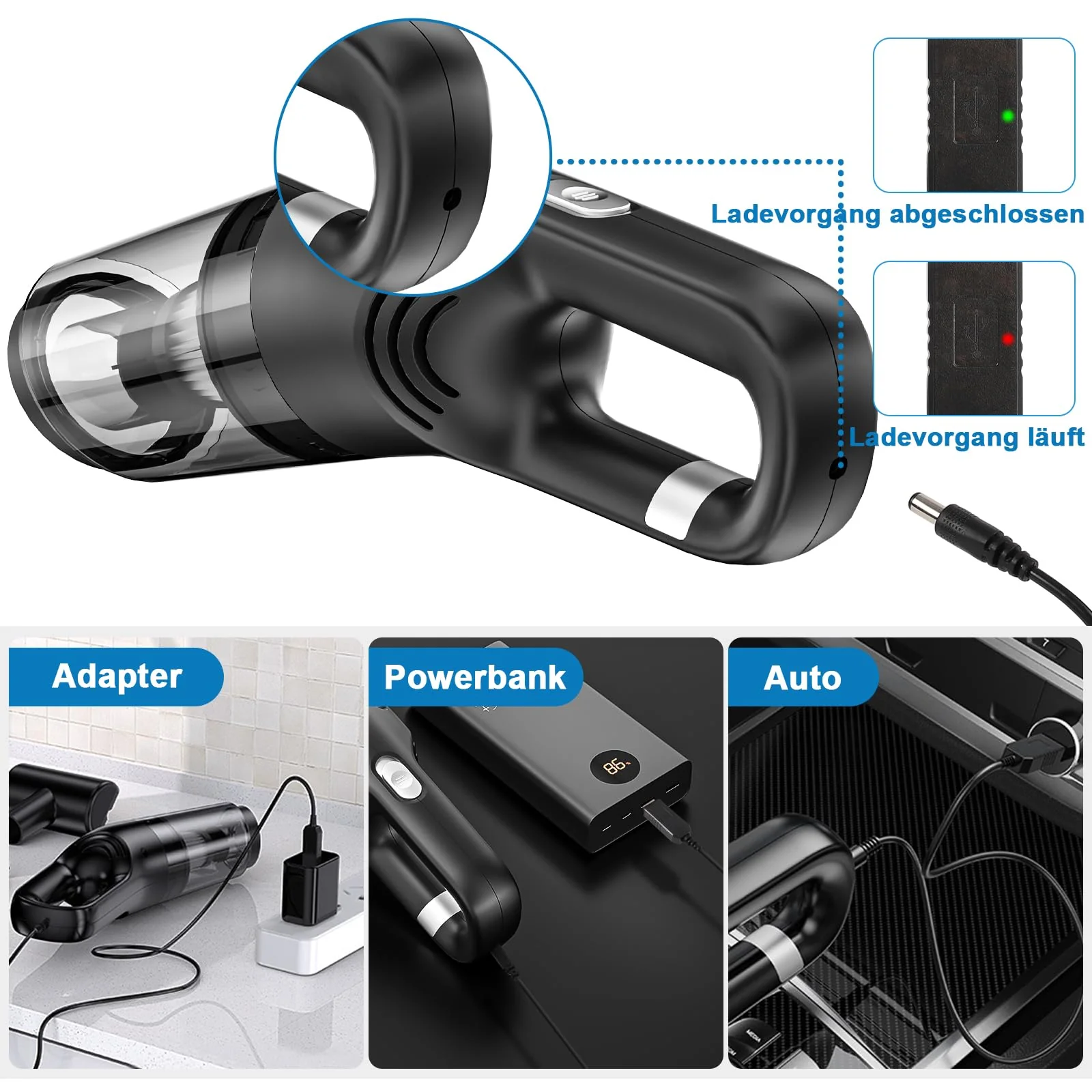 Czemo Handstaubsauger Akku 9000Pa Autostaubsauger Stark Staubsauger Kabellos Tragbarer Handsauger USB Auto Staubsauger Ohne Kabel für Auto Zuhause Tierhaare (Schwarz) - Image 4