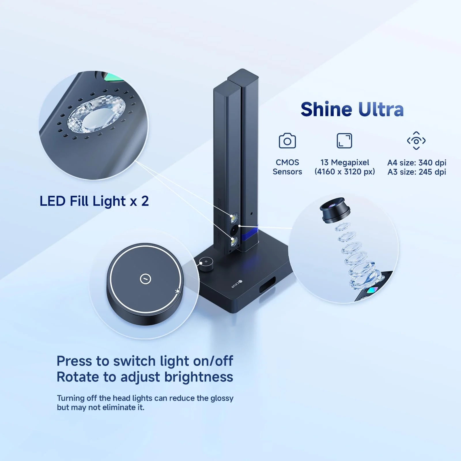 CZUR Shine Ultra 13 MP Faltbarere Dokumentenkamera A3 Dokumentenscanner Tragbarer Buchscanner OCR Scanner Visualizer mit Stufenloses Fülllicht für Home-Office Online-Lehre Windows & macOS Verfügbar - Image 6
