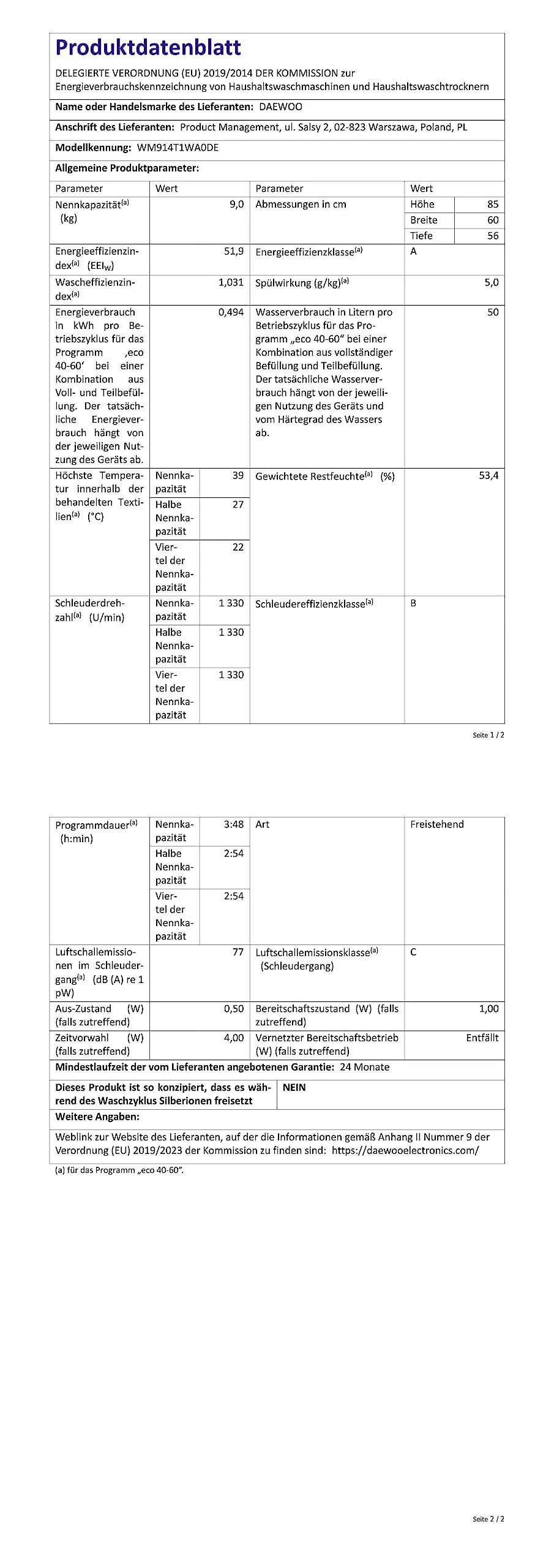 Daewoo WM914T1WA0DE Waschmaschine Frontlader, 9 kg, 1400 U/min, Advanced Inverter Motor, 15 Programme inkl. 15 min Kurzprogramm, AquaStop, Weiß - Image 6