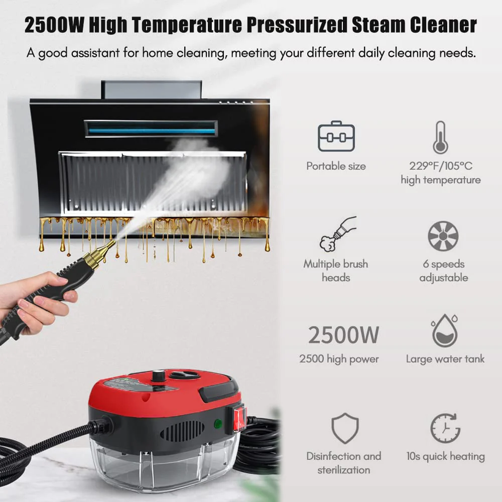 Dampfreiniger, 2500W Tragbarer Dampfreiniger Handgerät, 1000ML Großem Wassertank, mit 6 Geschwindigkeiten einstellbar und 3 Arten von Bürstenköpfen, für Küchenmöbel Boden Badezimmer Auto Fenster (rot) - Image 4