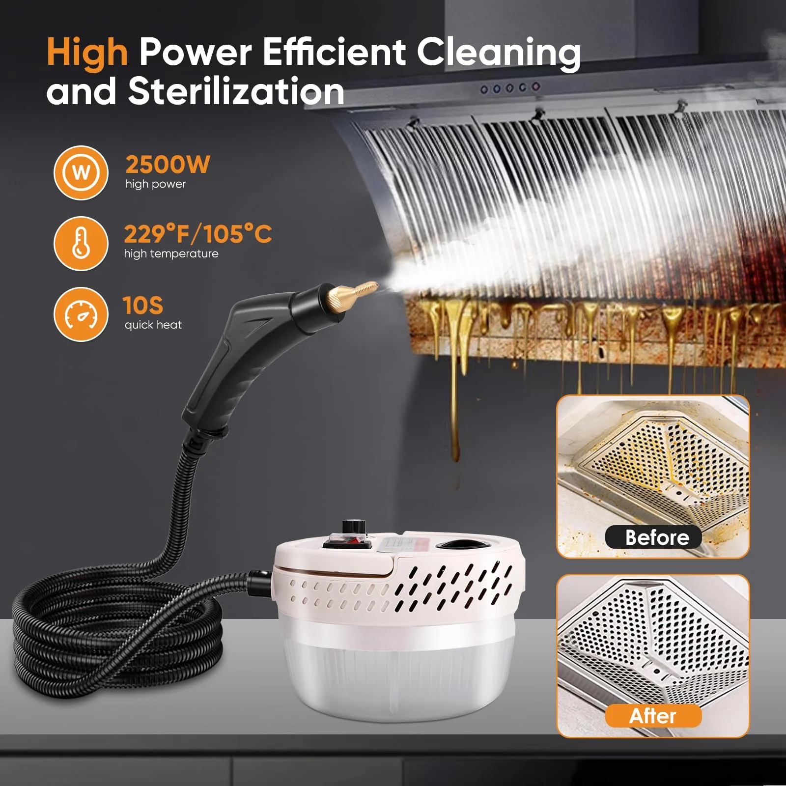 Dampfreiniger 2500W, Tragbarer Dampfreiniger Handgerät, 1400ML Großem Wassertank, mit 6 Geschwindigkeiten Einstellbar und 3 Arten von Bürstenköpfen, für Alles Küchenmöbel Boden Badezimmer Auto - Image 3