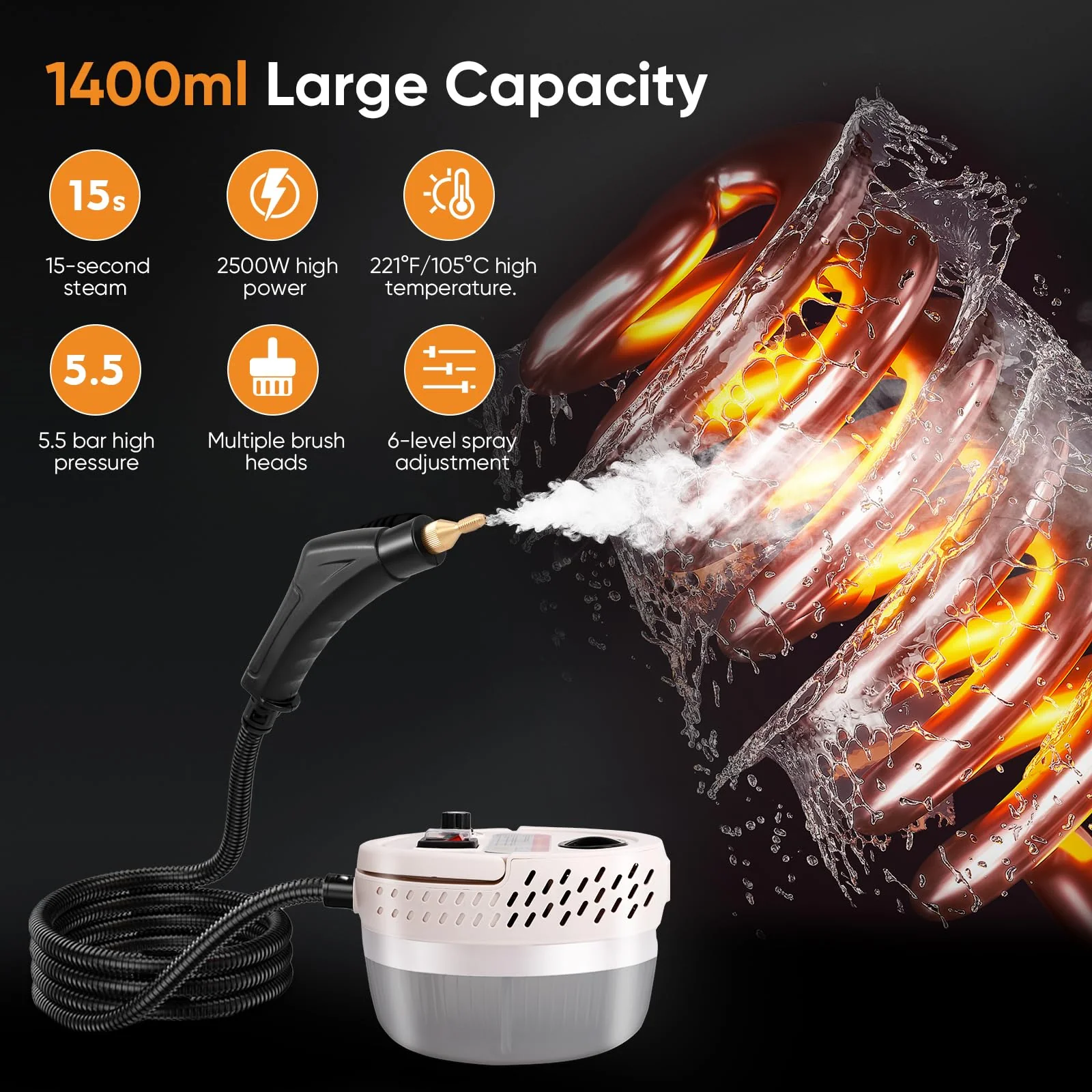 Dampfreiniger 2500W, Tragbarer Dampfreiniger Handgerät, 1400ML Großem Wassertank, mit 6 Geschwindigkeiten Einstellbar und 3 Arten von Bürstenköpfen, für Alles Küchenmöbel Boden Badezimmer Auto - Image 7
