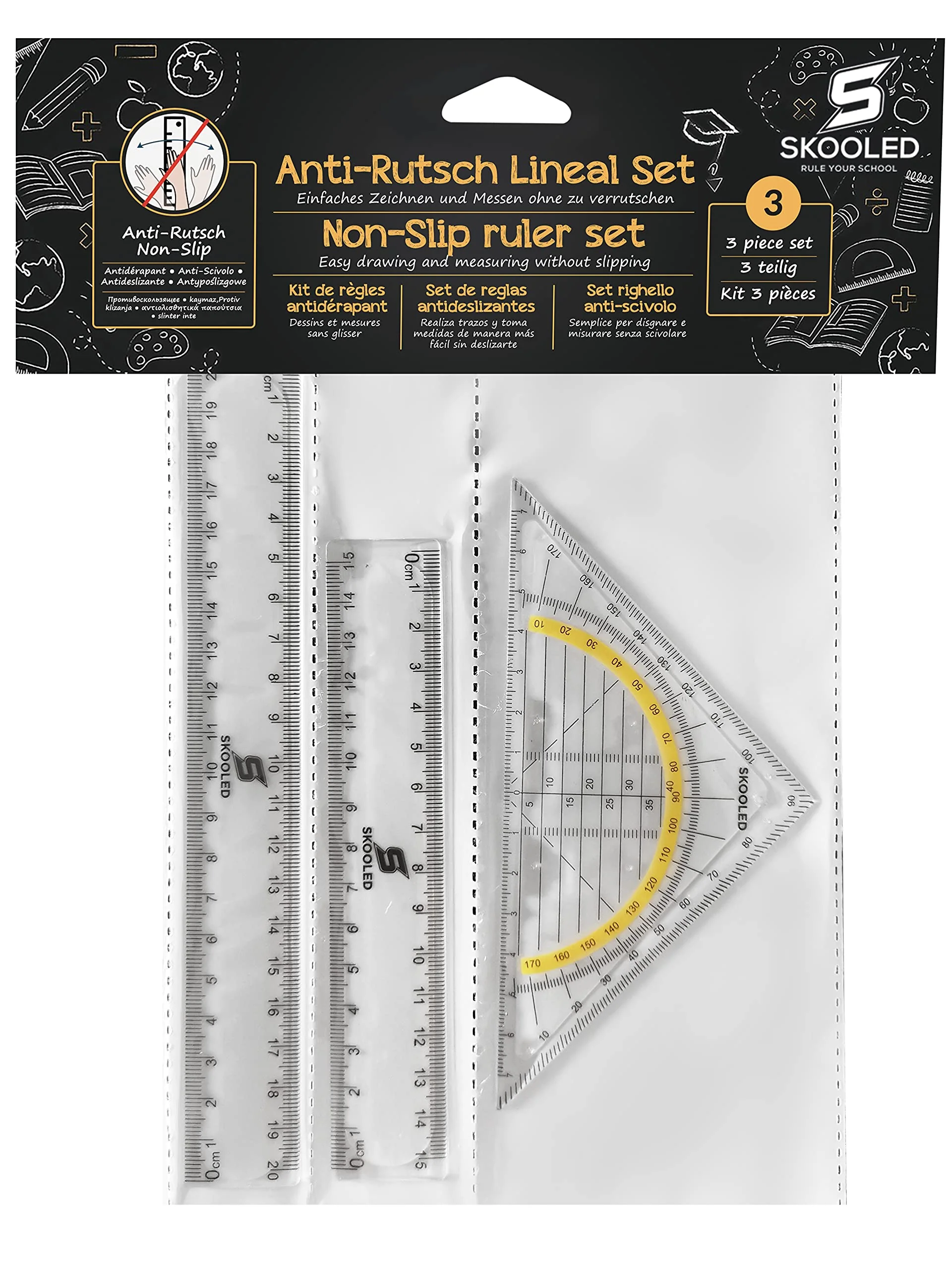 Das AntiRutsch Lineal und Geodreieck 3 in 1 Set rutschfestes Set zum sicheren und einfachen Zeichnen und Messen