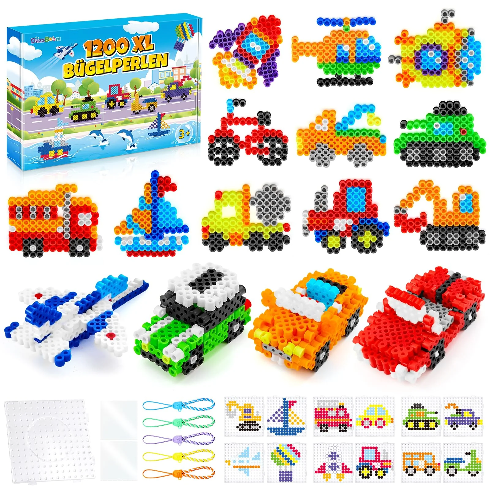 DazzBoom Große 10mm Bügelperlen Fahrzeuge Set, 1200 Stück XL Steckperlen mit Platten, 12 Muster und Bügelpapier, 11 Bunte Farben XL Bügelperlen, Kreatives Perlenset für Kinder ab 3 Jahren