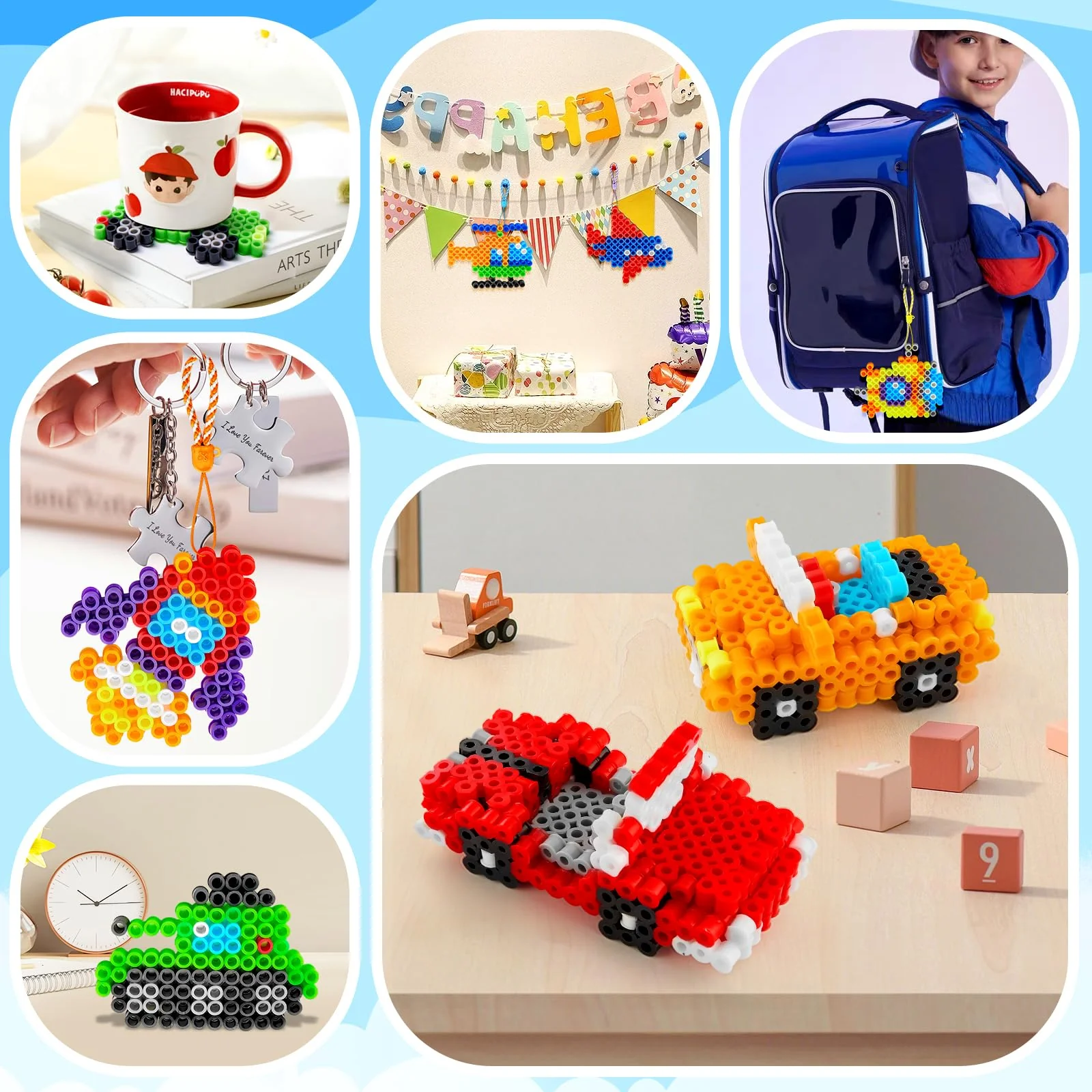 DazzBoom Große 10mm Bügelperlen Fahrzeuge Set, 1200 Stück XL Steckperlen mit Platten, 12 Muster und Bügelpapier, 11 Bunte Farben XL Bügelperlen, Kreatives Perlenset für Kinder ab 3 Jahren - Image 3