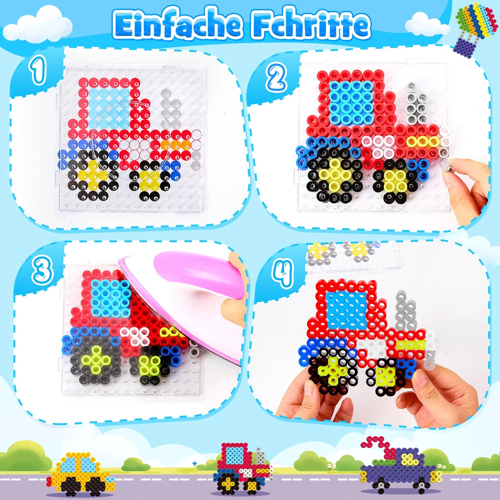 DazzBoom Große 10mm Bügelperlen Fahrzeuge Set, 1200 Stück XL Steckperlen mit Platten, 12 Muster und Bügelpapier, 11 Bunte Farben XL Bügelperlen, Kreatives Perlenset für Kinder ab 3 Jahren - Image 5