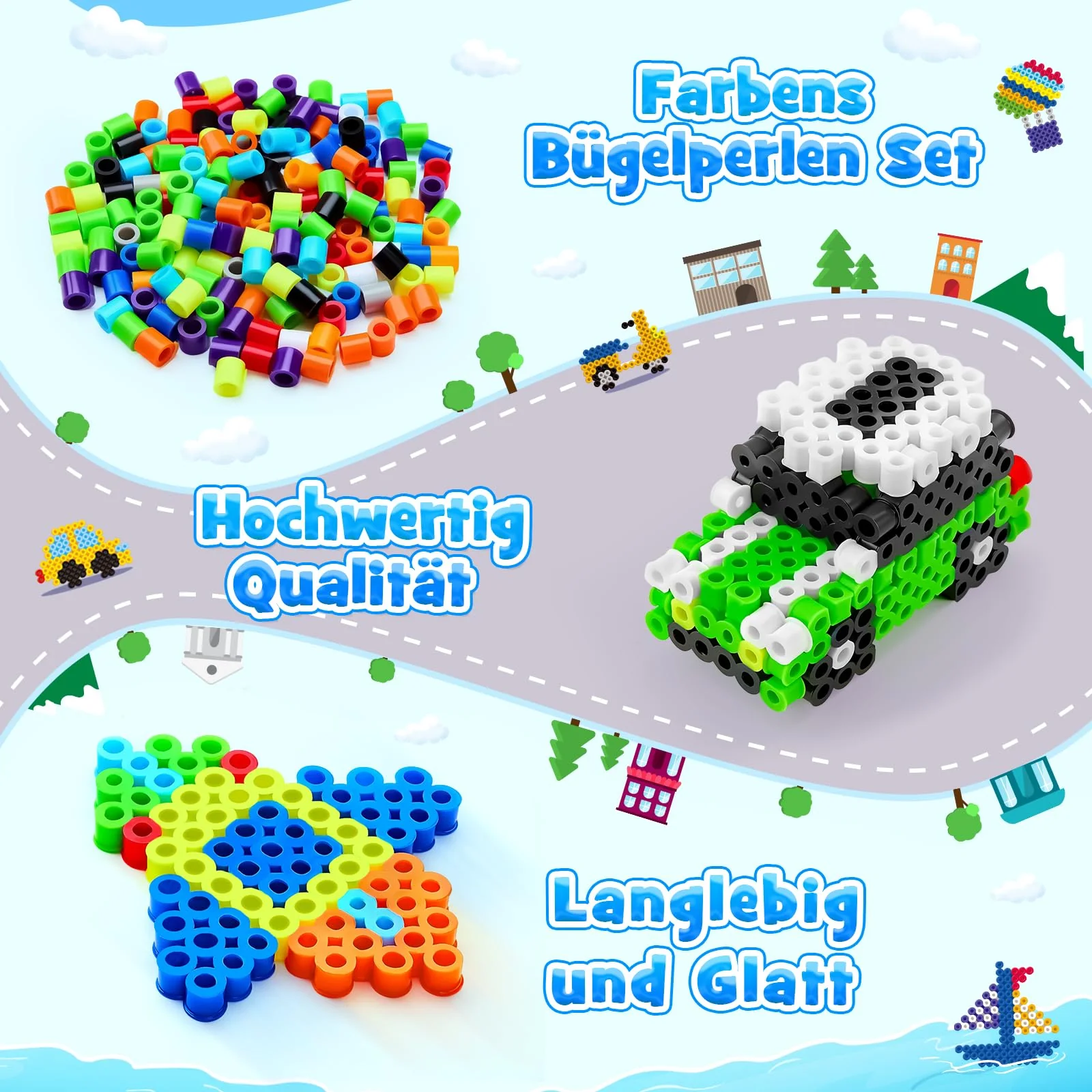 DazzBoom Große 10mm Bügelperlen Fahrzeuge Set, 1200 Stück XL Steckperlen mit Platten, 12 Muster und Bügelpapier, 11 Bunte Farben XL Bügelperlen, Kreatives Perlenset für Kinder ab 3 Jahren - Image 6