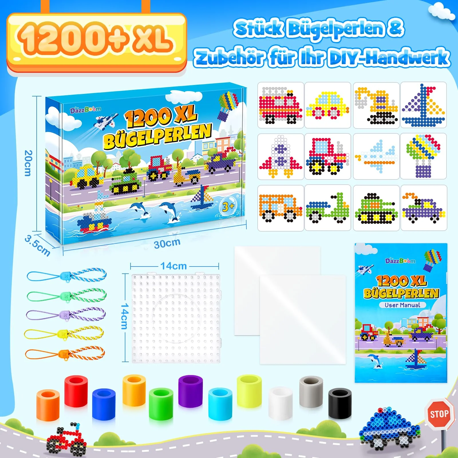 DazzBoom Große 10mm Bügelperlen Fahrzeuge Set, 1200 Stück XL Steckperlen mit Platten, 12 Muster und Bügelpapier, 11 Bunte Farben XL Bügelperlen, Kreatives Perlenset für Kinder ab 3 Jahren - Image 7