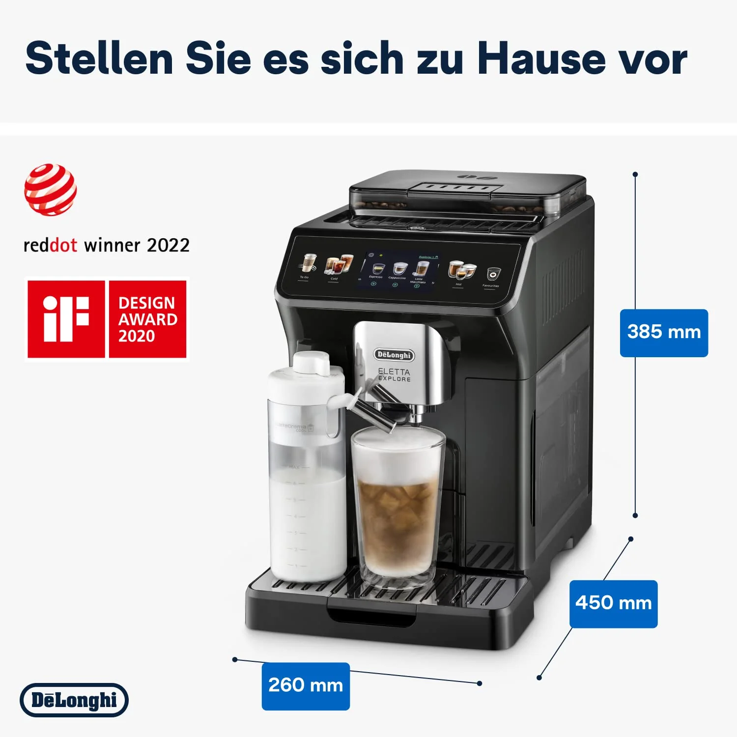 De’Longhi Eletta Explore - Perfetto Kaffeevollautomat mit LatteCrema-Milchaufschäumer, 50 Getränke inklusive Cold Brew auf Knopfdruck, farbiges Touch-Display, Dunkelgrau (ECAM452.67.G) - Image 3