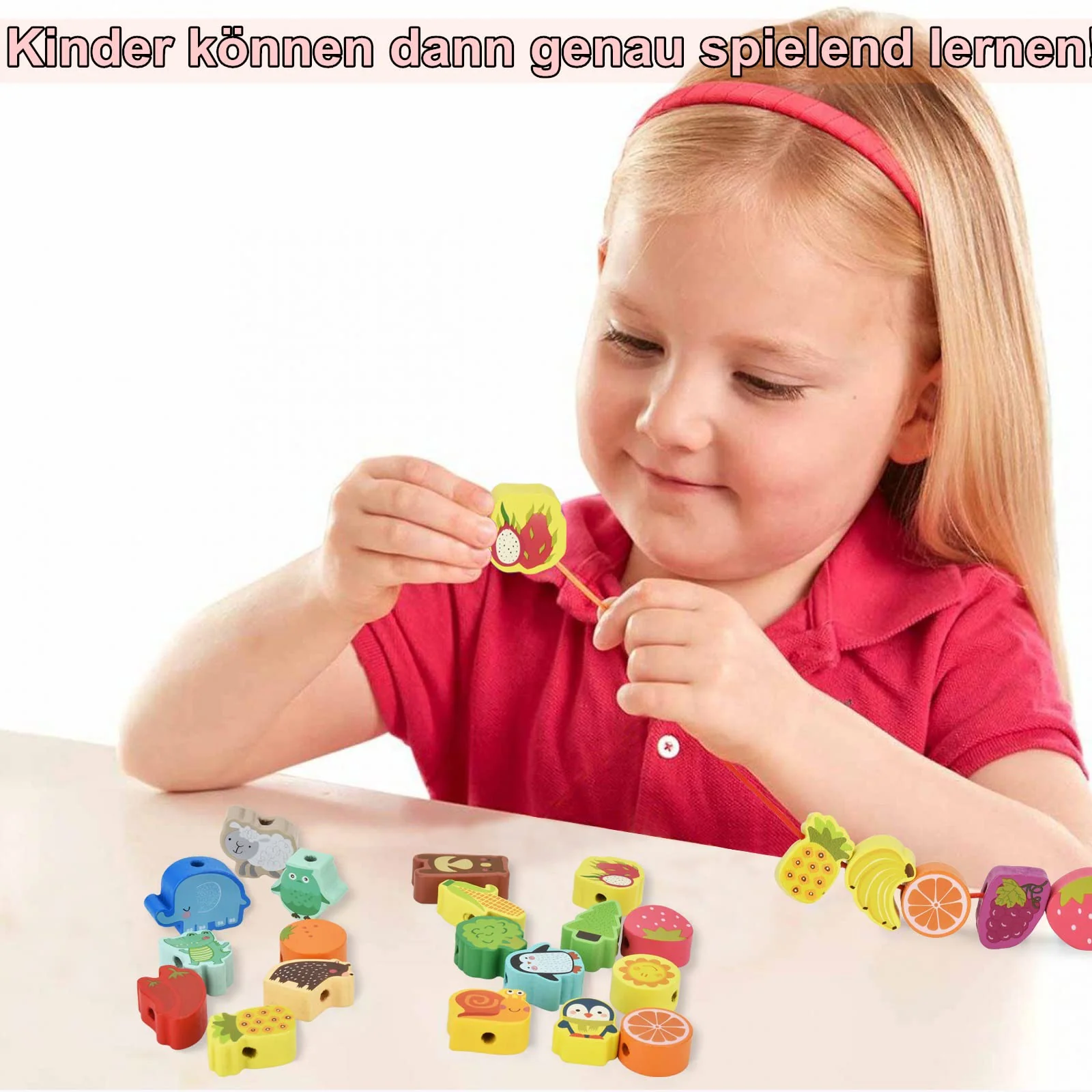 DealKits Montessori Spielzeug ab 2 Jahre - 42 Stück Holzperlen Fädelspiel Pädagogisches Holzspielzeug - Tiere, Obst, Gemüse - Holzperlen zum Auffädeln - 1-4 Jährige Kinder Motorikspielzeug - Image 6