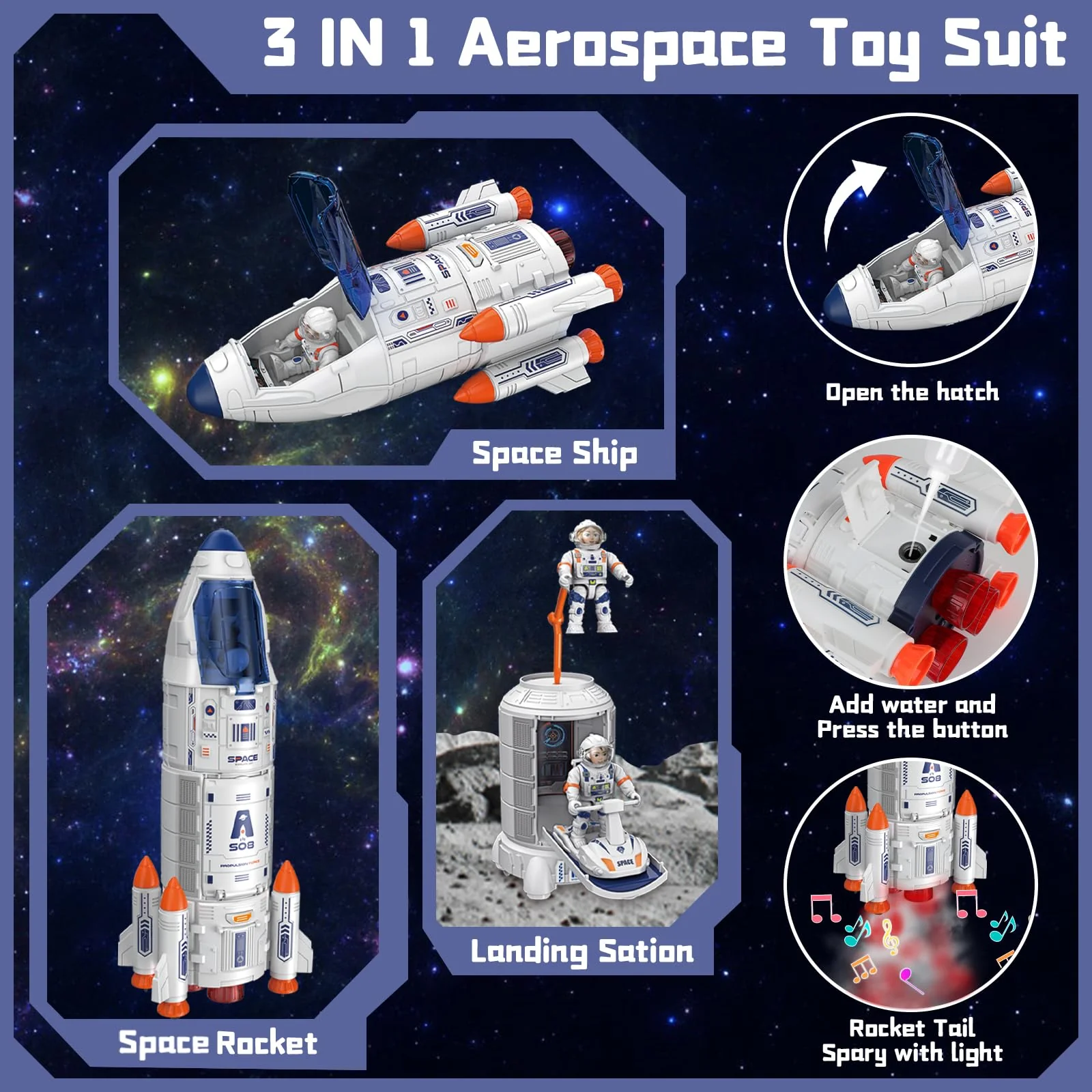 deAO Space Shuttle Rakete Spielzeug mit Licht & Sound, Rauchfunktionen, 5 In1 STEM Wissenschaft Lernspielzeug Projektionslampe Weltraumspielzeug, mit 4 Astronauten, Geschenk für 4 - 9 Junge Mädchen - Image 8
