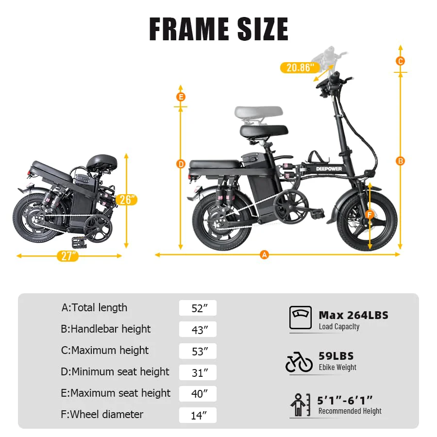 DEEPOWER Klappbares Elektrofahrrad, Elektrofahrrad, 48V 30Ah herausnehmbarer Akku, 90-135 KM PAS Meilenzahl, 250W Motor, Doppelscheibenbremsen, Citybike für Erwachsene (30Ah) - Image 2