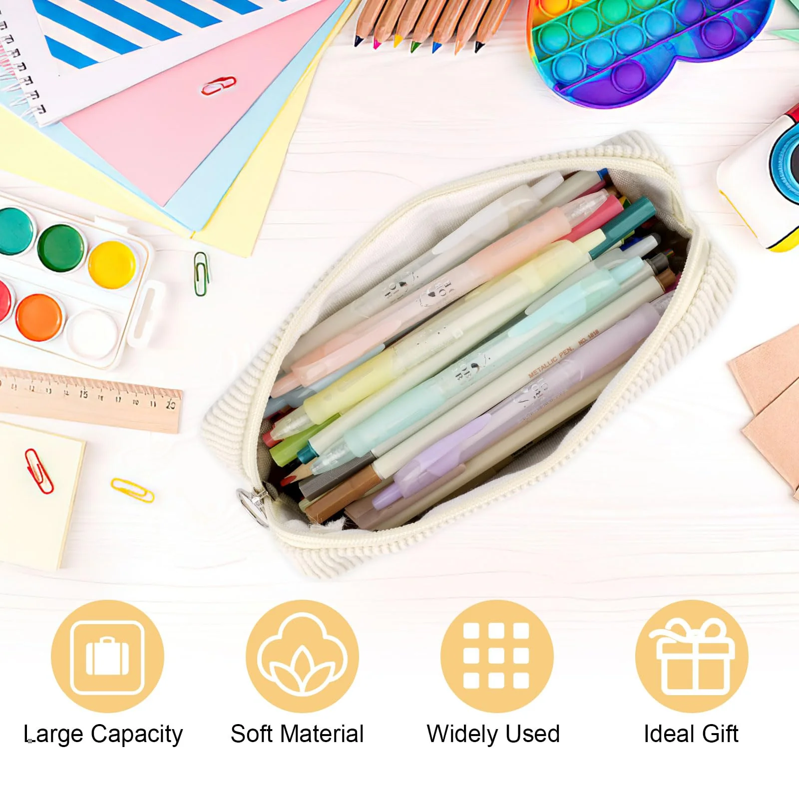 Deepton Federmäppchen Cord, Stifte Mäppchen Mädchen, Beige Aesthetic Pencil Case Girl Adults, Schlamppermäppchen Damen, Federtasche Erwachsene Federmappe für Schule, Büro - Image 4