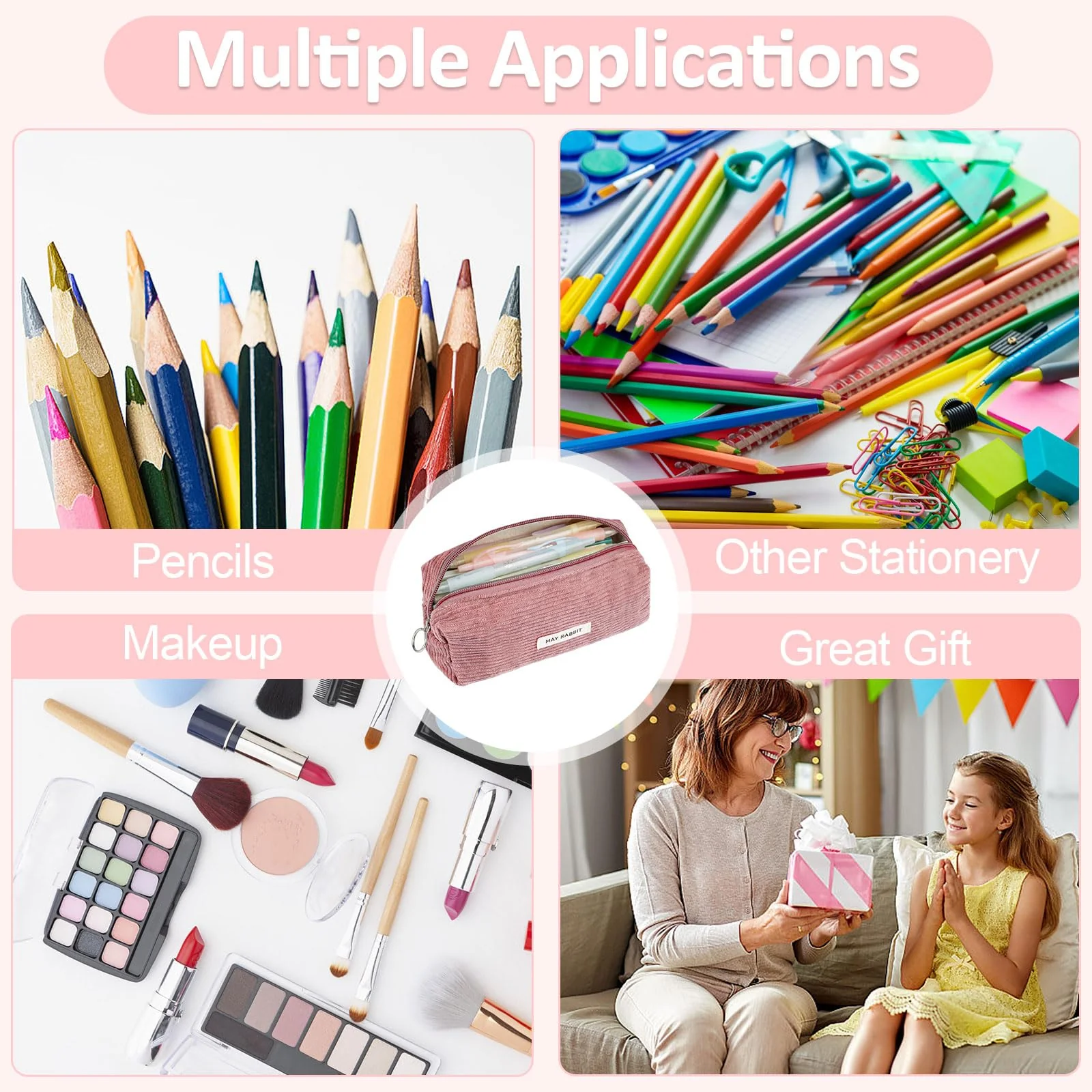 Deepton Mäppchen Cord-Stoff, Federmäppchen Milchig Rosa für Mädchen Teenager, Federtasche Stiftetasche Stiftemappe Pencil Case Schulmäppchen für Schule, Büro - Rosa - Image 4