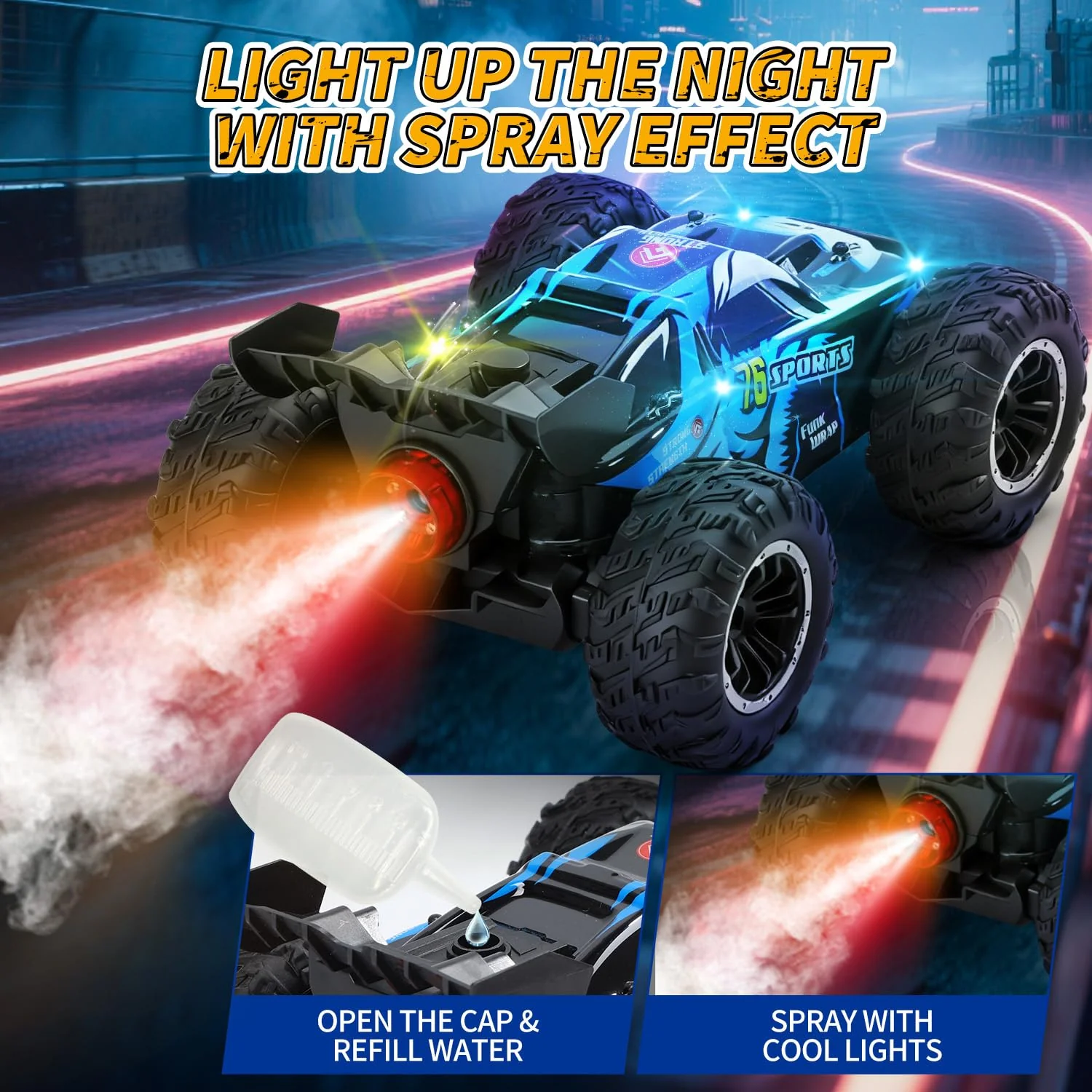 DEERC 1:16 4WD RC Auto mit Musik, LED Licht & Sprühfunktion, 2.4GHz Ferngesteuertes Auto mit Dual-Akku 40 Min Spielzeit, Offroad Fahrzeug mit One-Click-Demo, Geschenk für Kinder Jungen 5–12 Jahre - Image 6