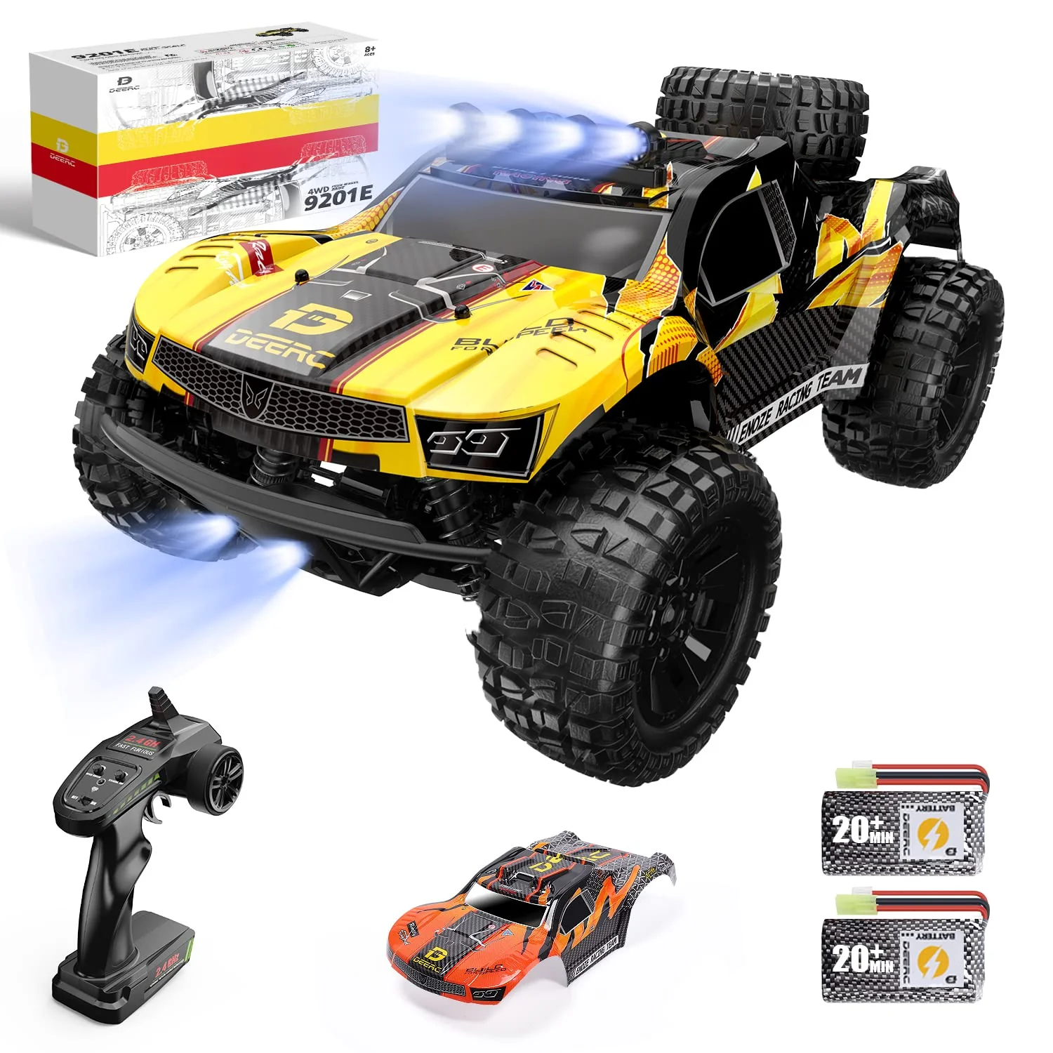 DEERC Ferngesteuerte Auto 1:10 mit Lichtern RC Auto 48km/h 4WD Offroad Hobby Grade Monster Crawler mit 2 Akkus 40 Minuten Laufzeit,2 Autoschalen, für Erwachsene, Kinder (9201E)