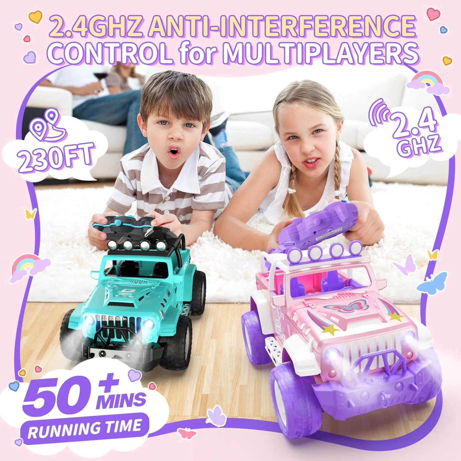 DEERC Pink Ferngesteuertes Auto für Mädchen mit Nebel und Musik, 1:16 RC Auto mit LED-Lichtern für Kinder, All-Terrain SUV Truck Geschenke, Geländewagen Spielzeugauto, Mädchen Spielzeug DE86-PI-DE4 - Image 3