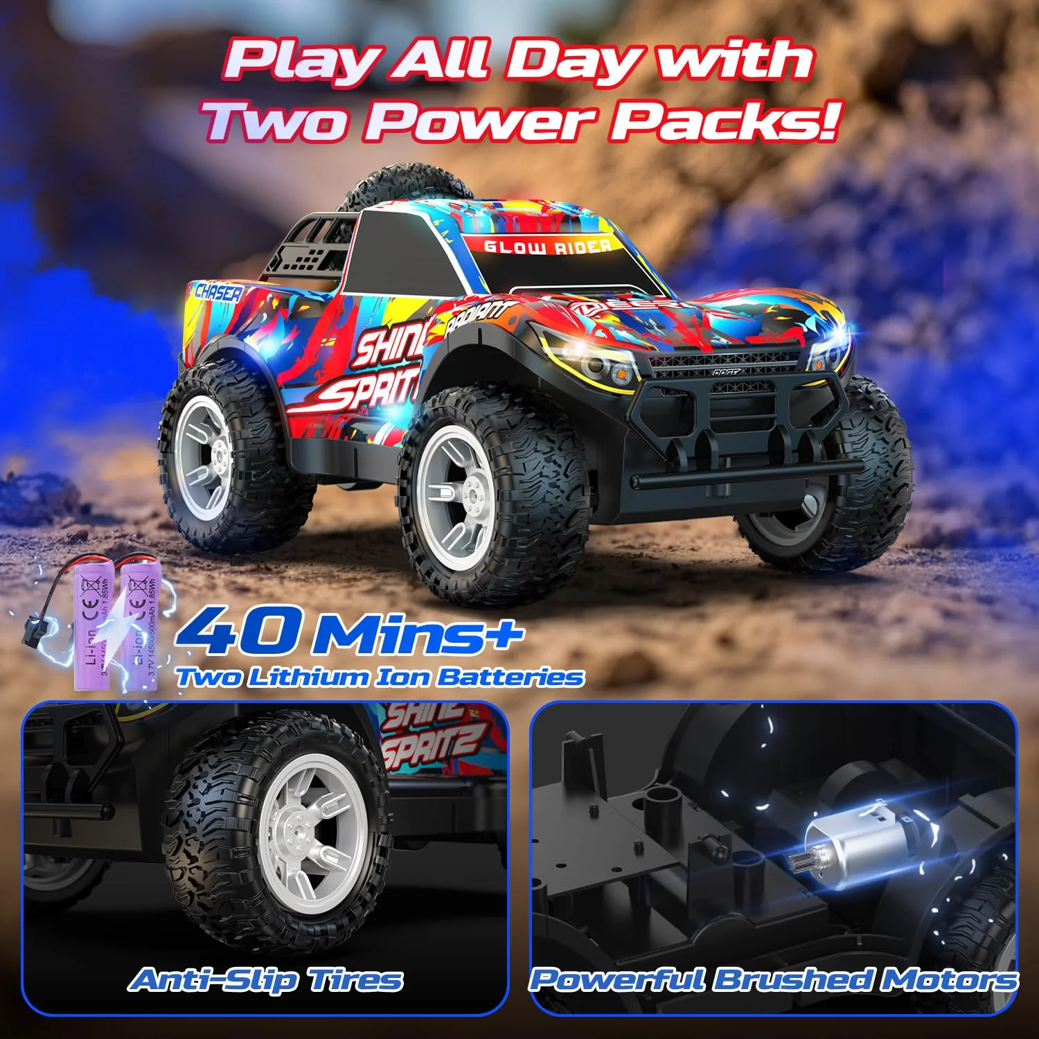 DEERC RC-Auto für Kinder 4-8 Jahre, All-Terrain Sprühfunktion RC Truck, Musik & LED-Lichtern, 2.4 GHz Fernsteuerungsauto, 2 Akkus,40 Min. Geschenk-Spielzeug für Kinder Indoor & Outdoor - Image 4