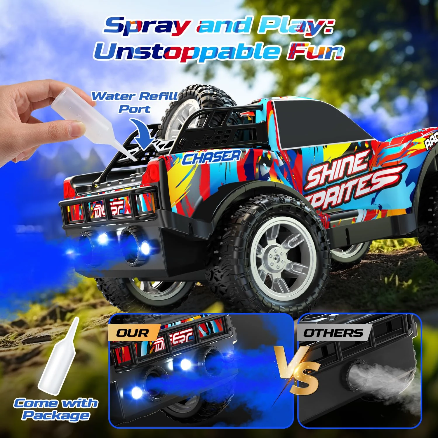 DEERC RC-Auto für Kinder 4-8 Jahre, All-Terrain Sprühfunktion RC Truck, Musik & LED-Lichtern, 2.4 GHz Fernsteuerungsauto, 2 Akkus,40 Min. Geschenk-Spielzeug für Kinder Indoor & Outdoor - Image 5