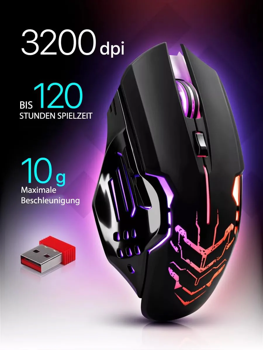 Defender® Katana Kabellose Gaming Maus - Geräuschlose Klicks - 5 programmierbare Tasten - RGB-Beleuchtung(On/Off) - bis zu 240 hrs Akkulaufzeit - Wireless Gamer Maus für PC, Mac, Laptop - Image 10