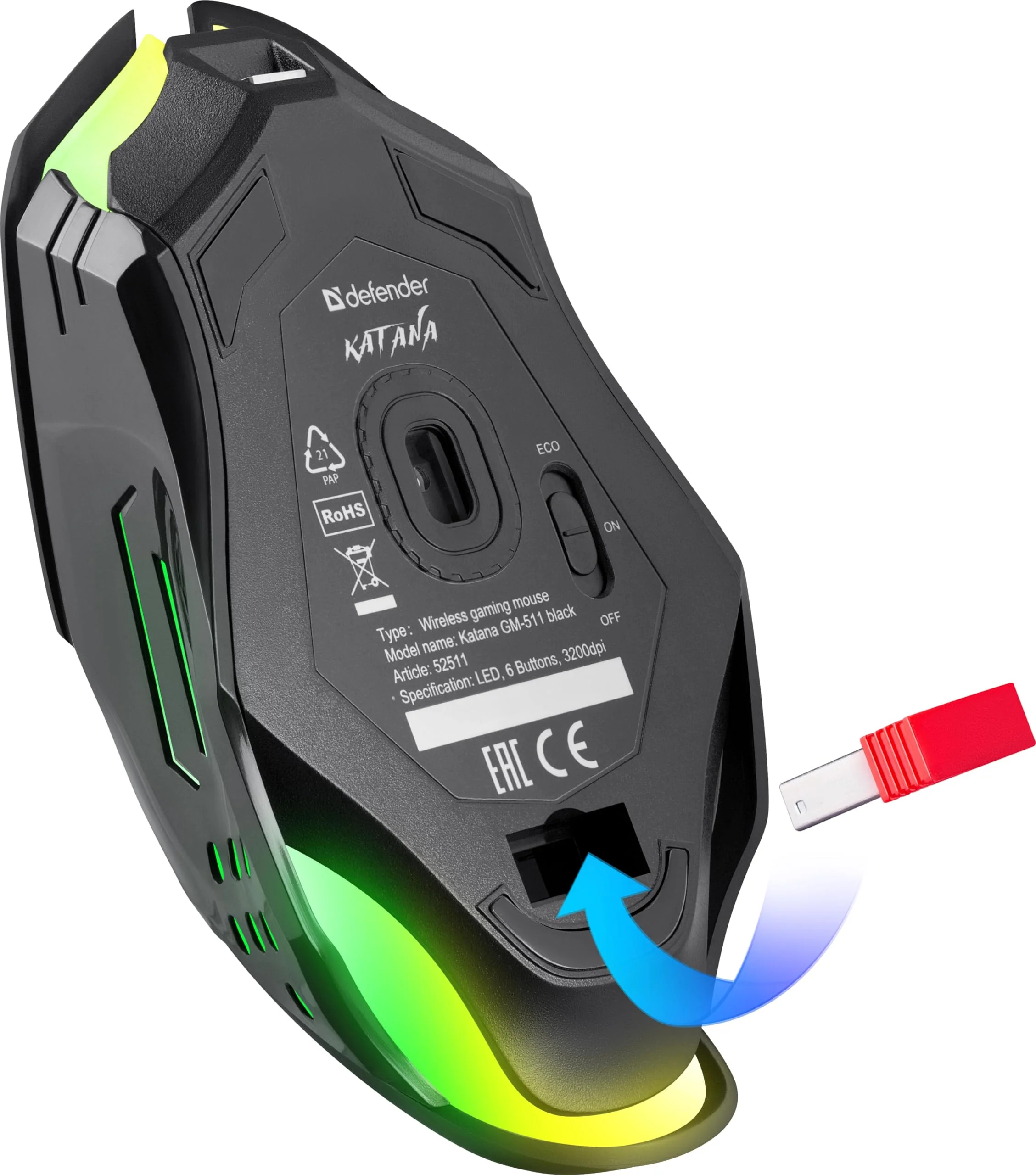 Defender® Katana Kabellose Gaming Maus - Geräuschlose Klicks - 5 programmierbare Tasten - RGB-Beleuchtung(On/Off) - bis zu 240 hrs Akkulaufzeit - Wireless Gamer Maus für PC, Mac, Laptop - Image 11