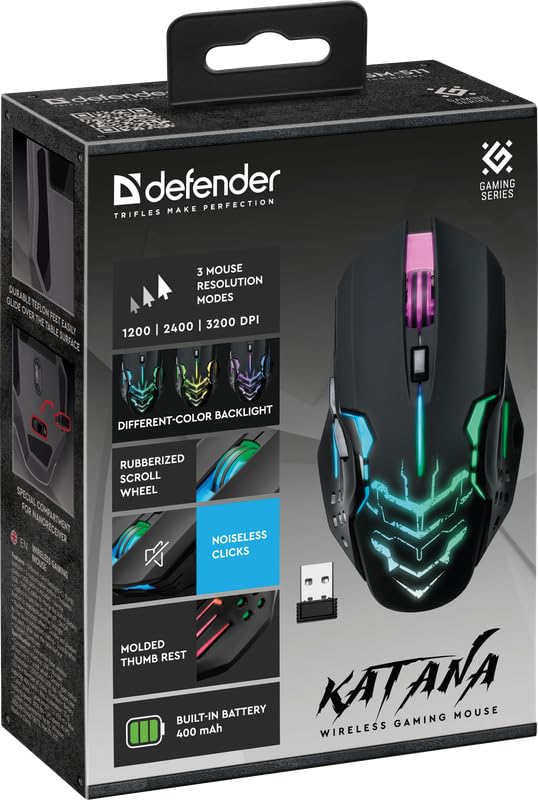Defender® Katana Kabellose Gaming Maus - Geräuschlose Klicks - 5 programmierbare Tasten - RGB-Beleuchtung(On/Off) - bis zu 240 hrs Akkulaufzeit - Wireless Gamer Maus für PC, Mac, Laptop - Image 6
