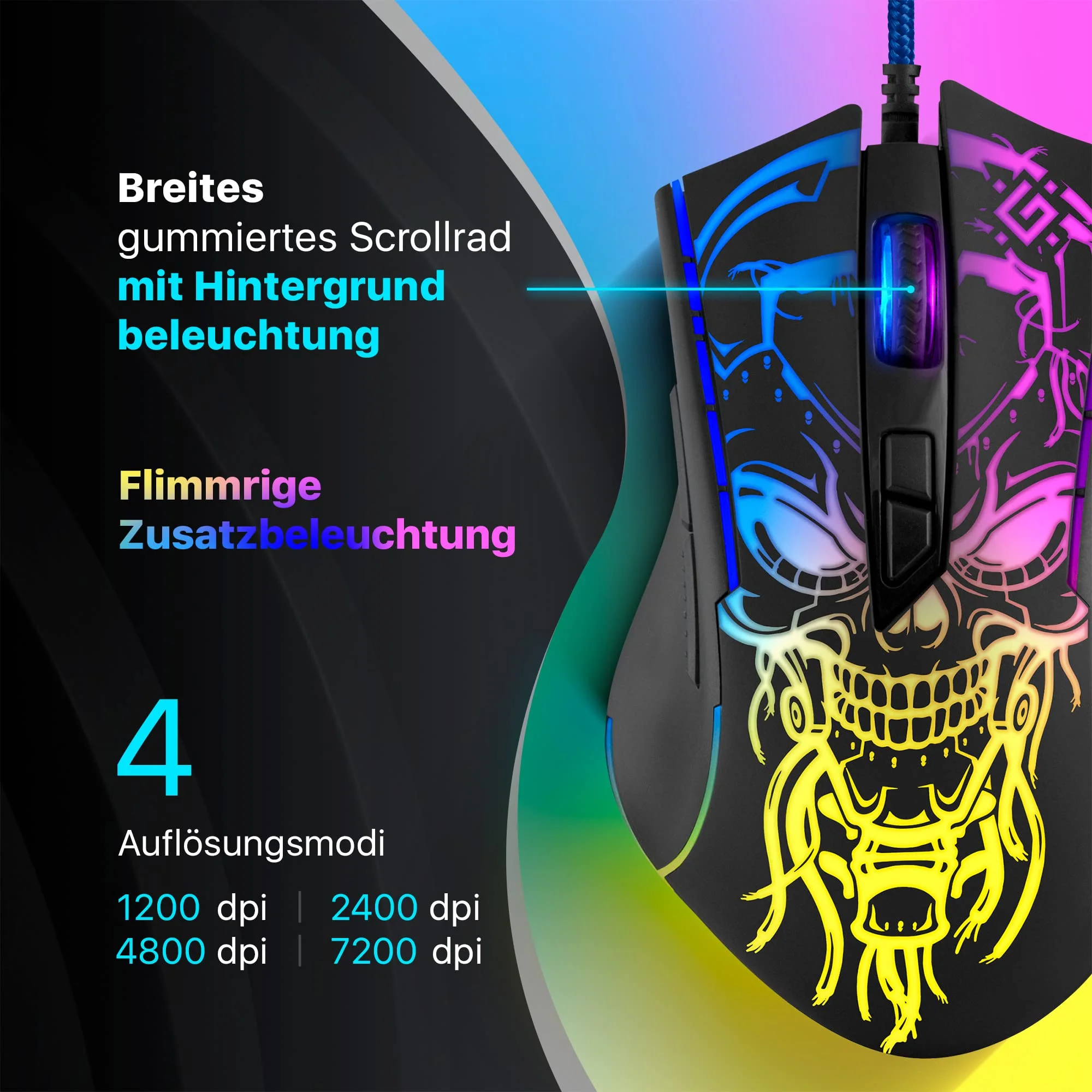 Defender Bulletstorm GM-928 Kabelgebundene Gaming-Maus, ergonomische Maus mit optischem Sensor, 7 Tasten, 4 DPI-Einstellungen, mehrfarbige Hintergrundbeleuchtung, Soft-Touch-Gehäuse, schwarz