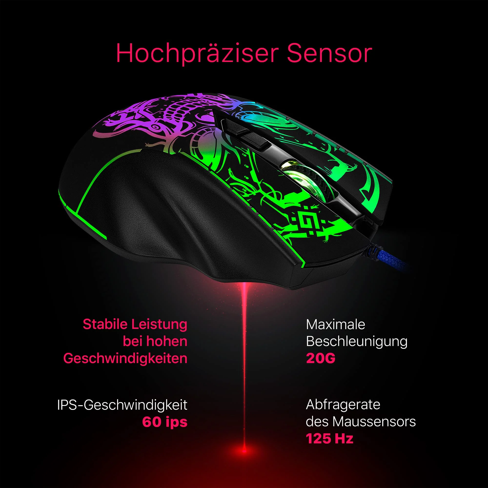 Defender Bulletstorm GM-928 Kabelgebundene Gaming-Maus, ergonomische Maus mit optischem Sensor, 7 Tasten, 4 DPI-Einstellungen, mehrfarbige Hintergrundbeleuchtung, Soft-Touch-Gehäuse, schwarz - Image 7