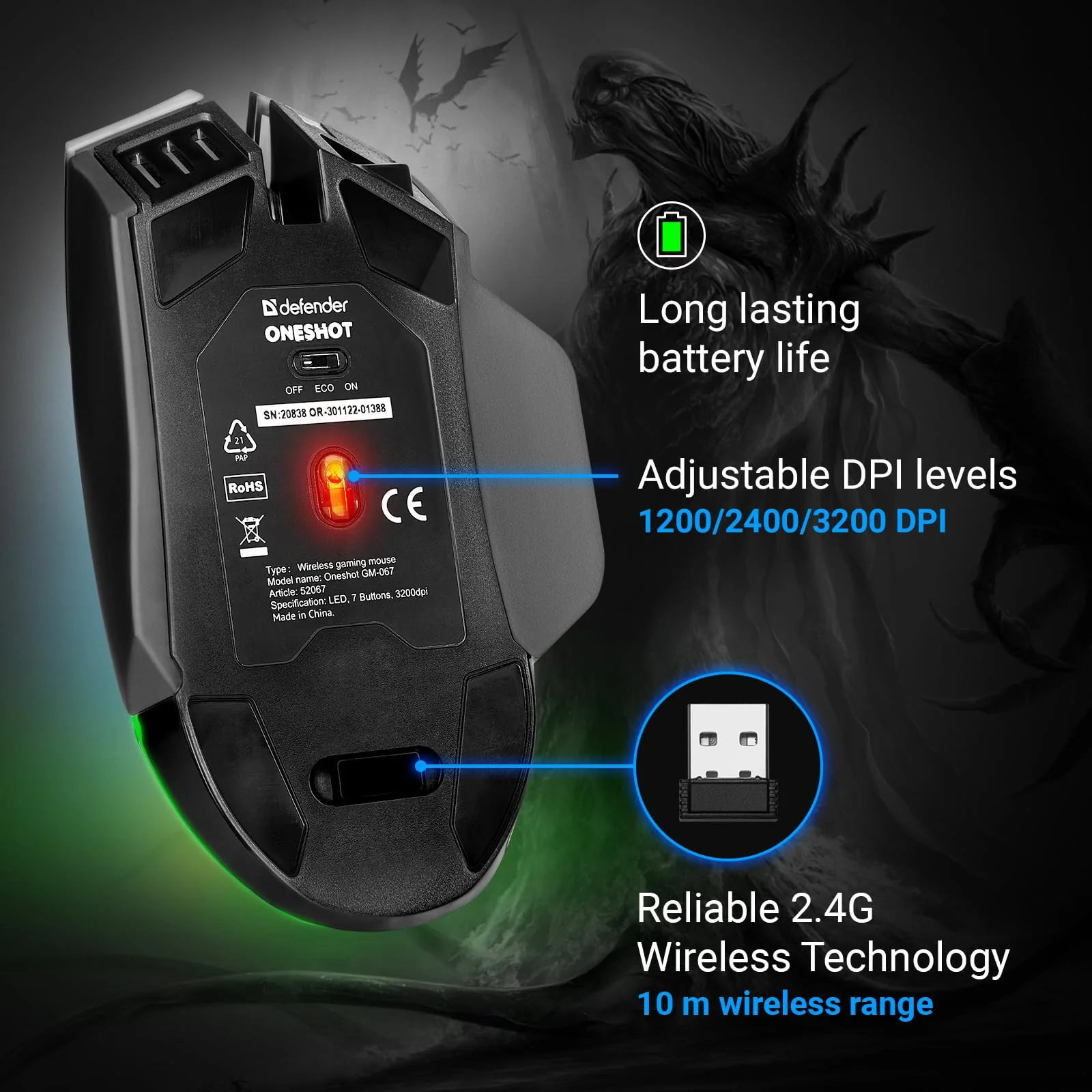 Defender Oneshot kabellose Gaming Maus 3200 DPI, 5 programmierbare Tasten, mehrfarbige RGB-Beleuchtung, bis zu 240 hrs Akkulaufzeit, Computermaus für PC, Mac, Laptop, Schwarz - Image 4