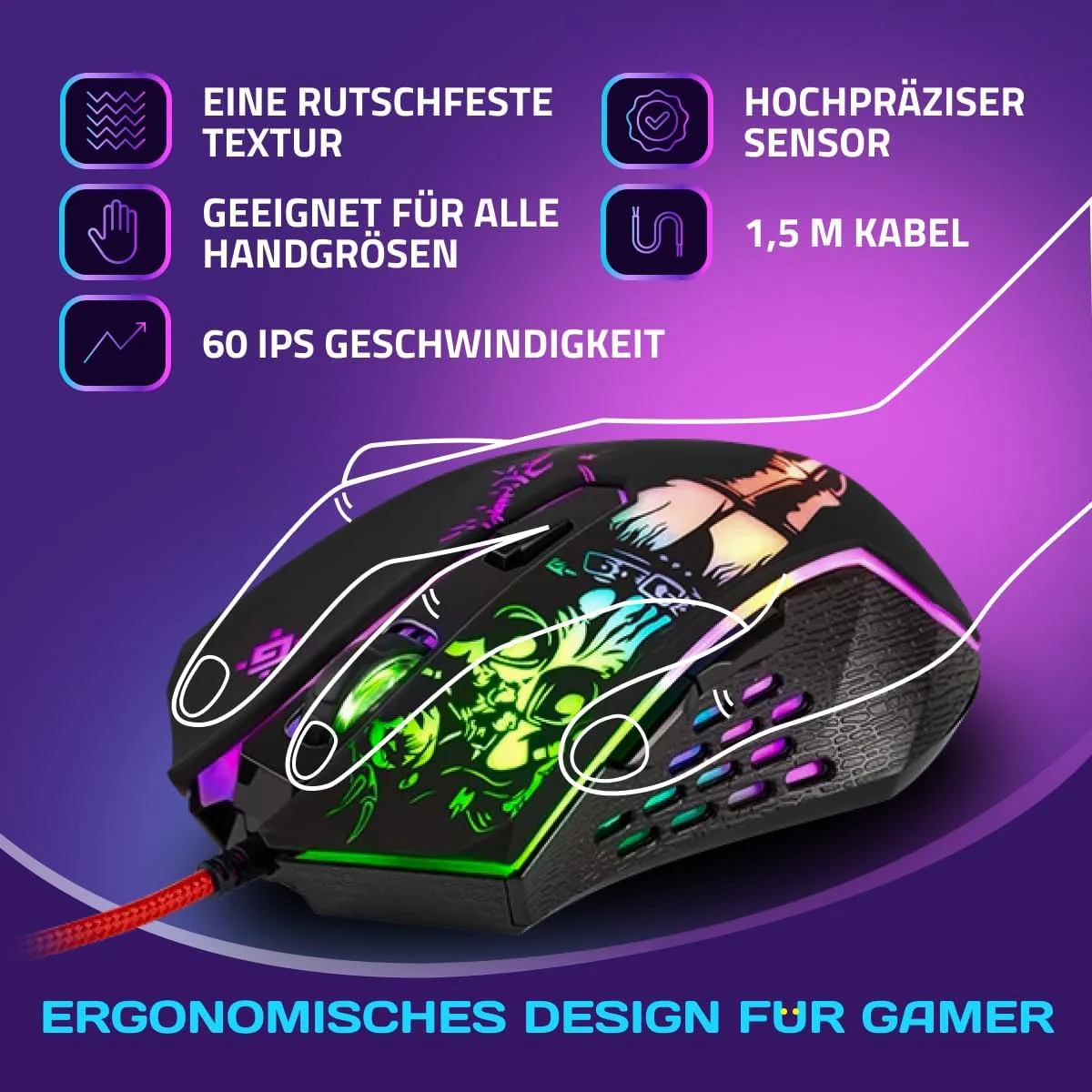 Defender Sin’Sister GM-933 Gaming Maus - Ergonomische, Kabelgebundene PC Maus mit Seitentasten, 7200 DPI Sensor, 6 DPI-Einstellungen, RGB-Beleuchtung, 5 programmierbare Tasten, USB, PC/Mac, Schwarz - Image 10