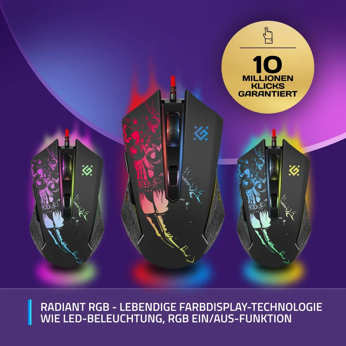 Defender Sin’Sister GM-933 Gaming Maus - Ergonomische, Kabelgebundene PC Maus mit Seitentasten, 7200 DPI Sensor, 6 DPI-Einstellungen, RGB-Beleuchtung, 5 programmierbare Tasten, USB, PC/Mac, Schwarz - Image 11