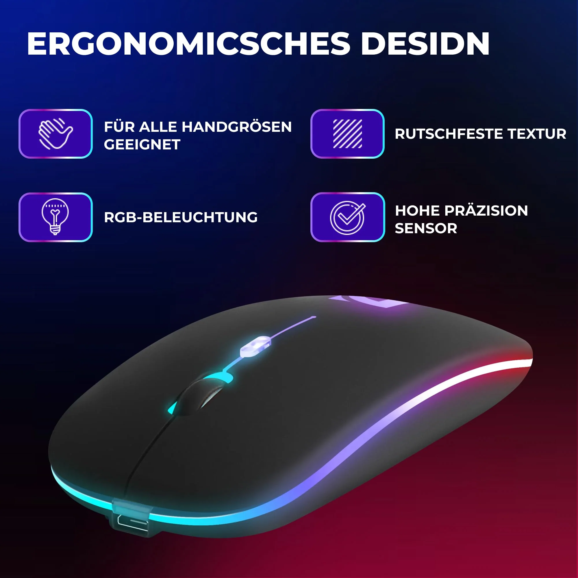 Defender Touch MM-997 Kabellose Maus, Laptop Maus Kabellos, Funkmaus, Bluetooth und USB Computer Maus, Wireless Mouse PC, RGB Led Computermaus, Rechts und Linkshänder Maus Schwartz - Image 2