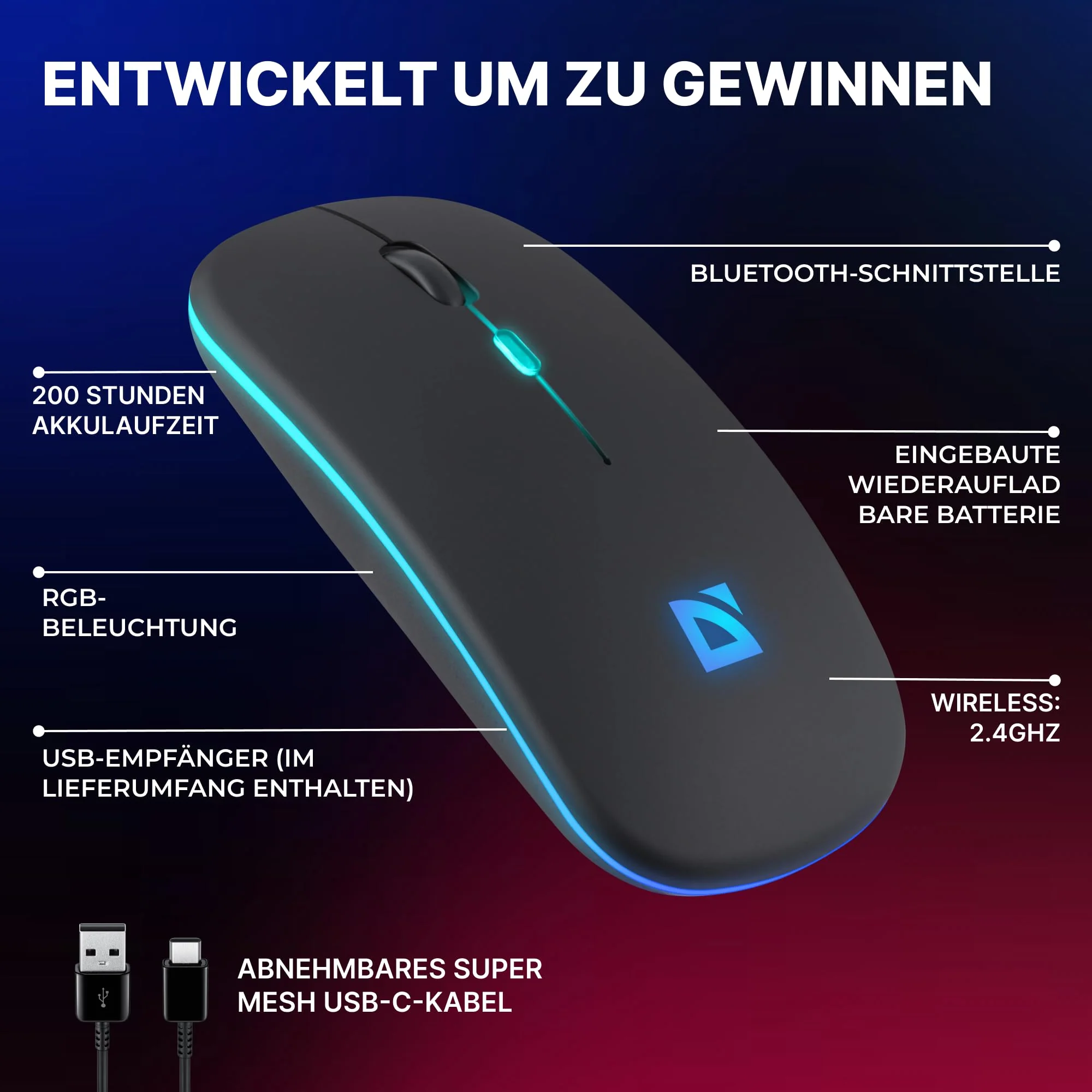 Defender Touch MM-997 Kabellose Maus, Laptop Maus Kabellos, Funkmaus, Bluetooth und USB Computer Maus, Wireless Mouse PC, RGB Led Computermaus, Rechts und Linkshänder Maus Schwartz - Image 3