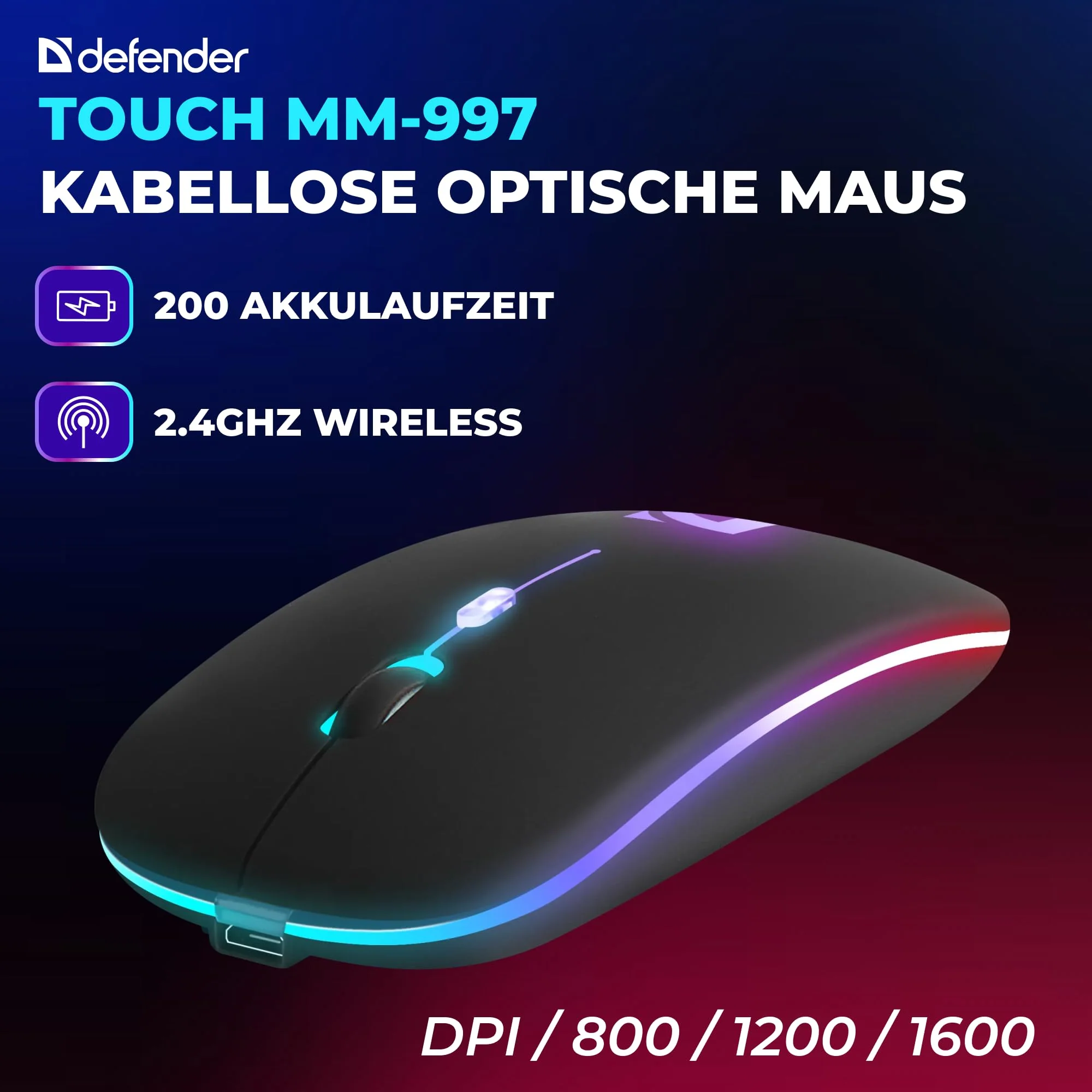Defender Touch MM-997 Kabellose Maus, Laptop Maus Kabellos, Funkmaus, Bluetooth und USB Computer Maus, Wireless Mouse PC, RGB Led Computermaus, Rechts und Linkshänder Maus Schwartz - Image 8