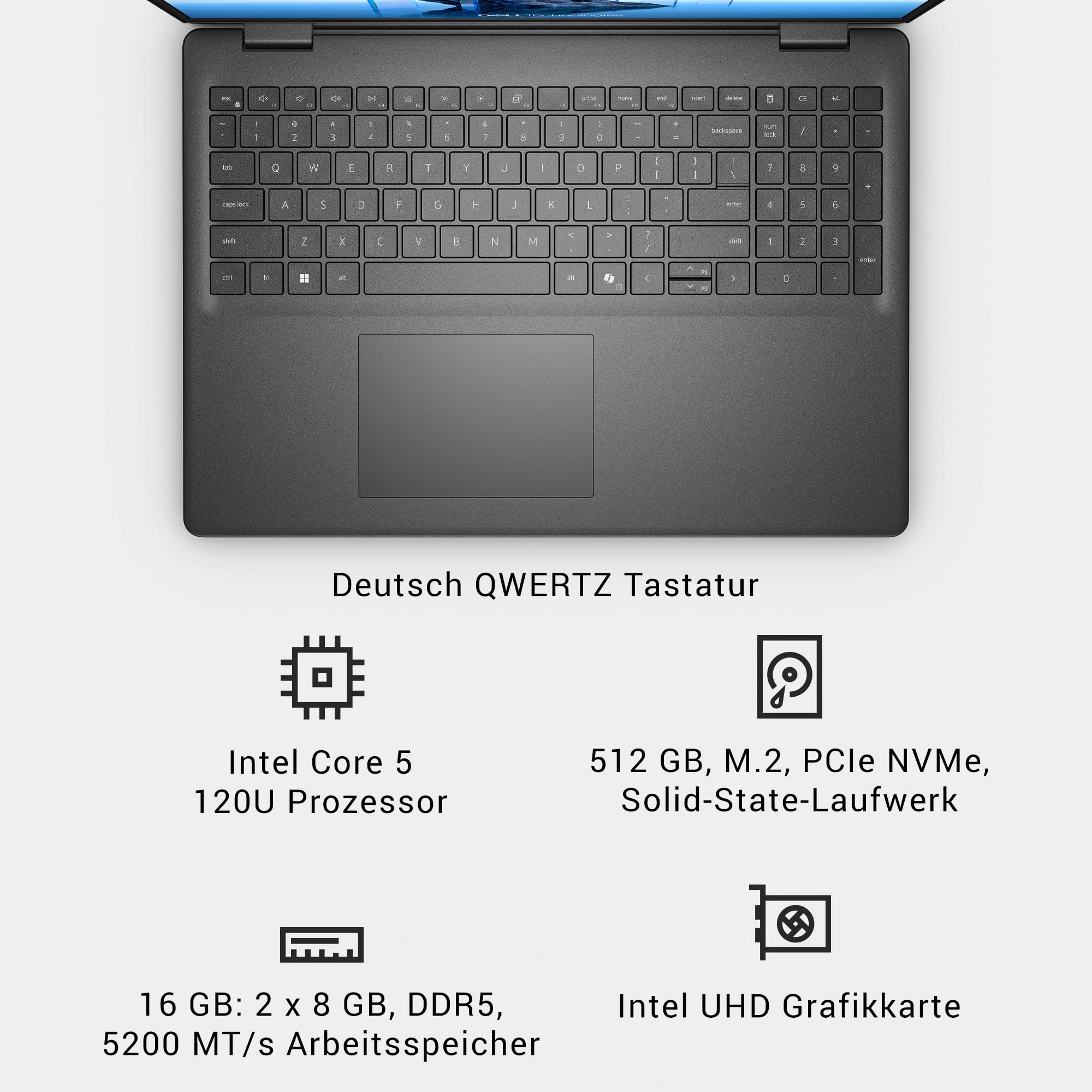 Dell 16 Laptop DC16250 – 16" FHD+ 16:10 (1920x1200), Intel Core 5 Series 1 Prozessor, Intel UHD Grafik, 16GB DDR5 RAM, 512GB SSD, Windows 11 Home, QWERTZ Tastatur, Fingerabdrucksensor – Schwarz - Image 8