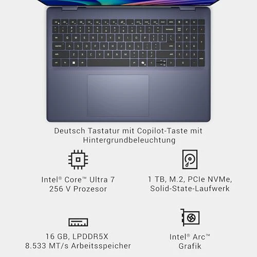 Dell 16 Plus 2-in-1 Laptop Copilot+ DB06250 – 16" 2.5K (2560 x 1600) Touch, HDR600, Intel Core Ultra 7 Series 2, 16GB LPDDR5X, 1TB SSD, Windows 11 Home, FHD-Kamera, QWERTZ-Tastatur, Indigo Blau - Image 5