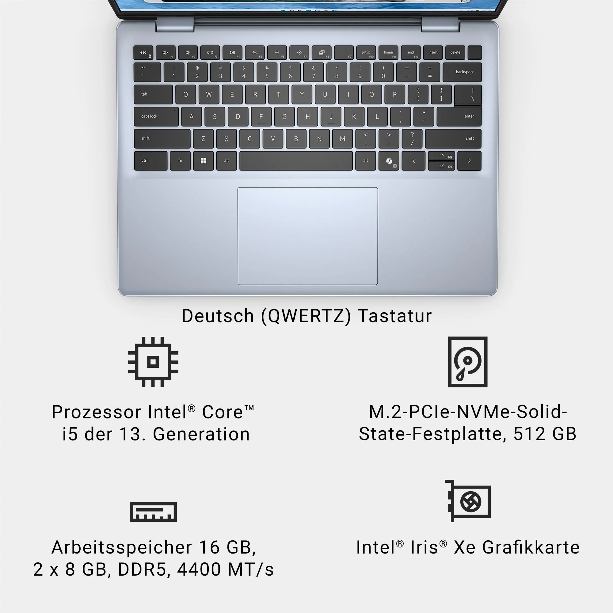 Dell Inspiron 14 5440 Laptop 14" 16:10 FHD+ Display, Intel Core i5-1334U, 16GB RAM, 512GB SSD, Intel Iris Xe, Windows 11 Home, Fingerprint Reader, Hintergrundbeleuchtung – Deutsch (QWERTZ), Ice Blue - Image 2
